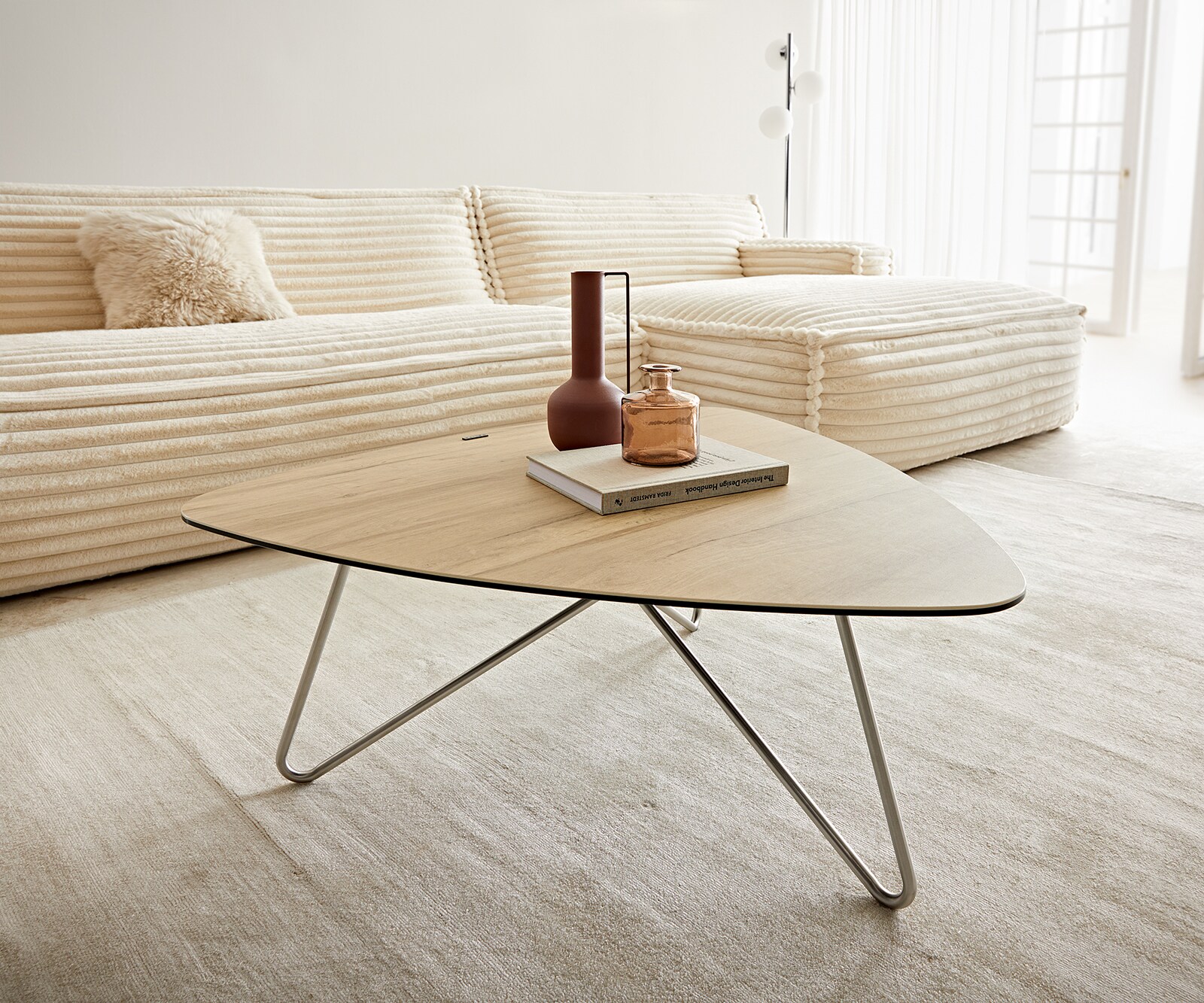 Couchtisch Ekrem 88x85 cm Keramik Laminam® Sabbia Eichefarbig Hairpin rund Edelstahl