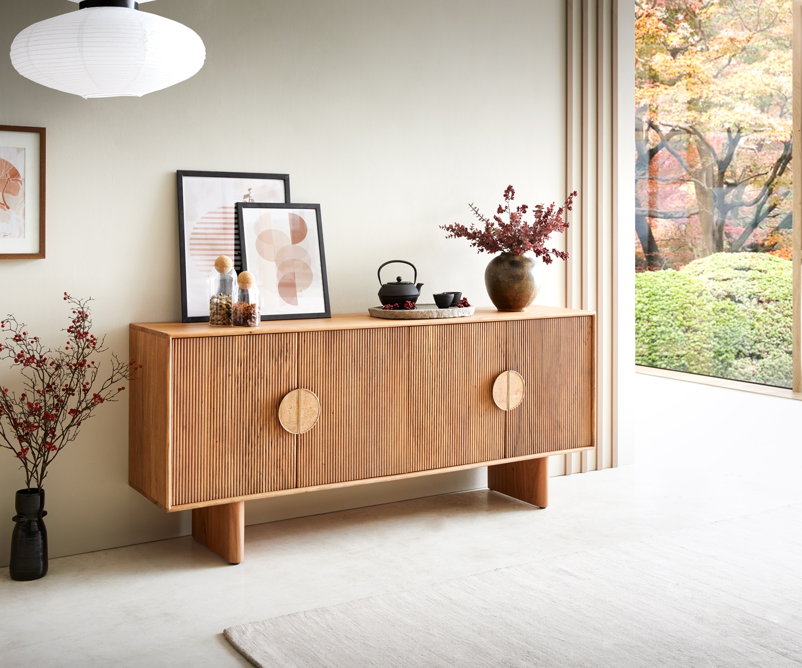 Sideboard Surimu 175 cm Akazie Hellbraun 4 Türen 2 Fächer Kork-Griff Holzfüße Sideboard Surimu 175 cm Akazie Hellbraun 4 Türen 2 Fächer Kork-Griff Holzfüße