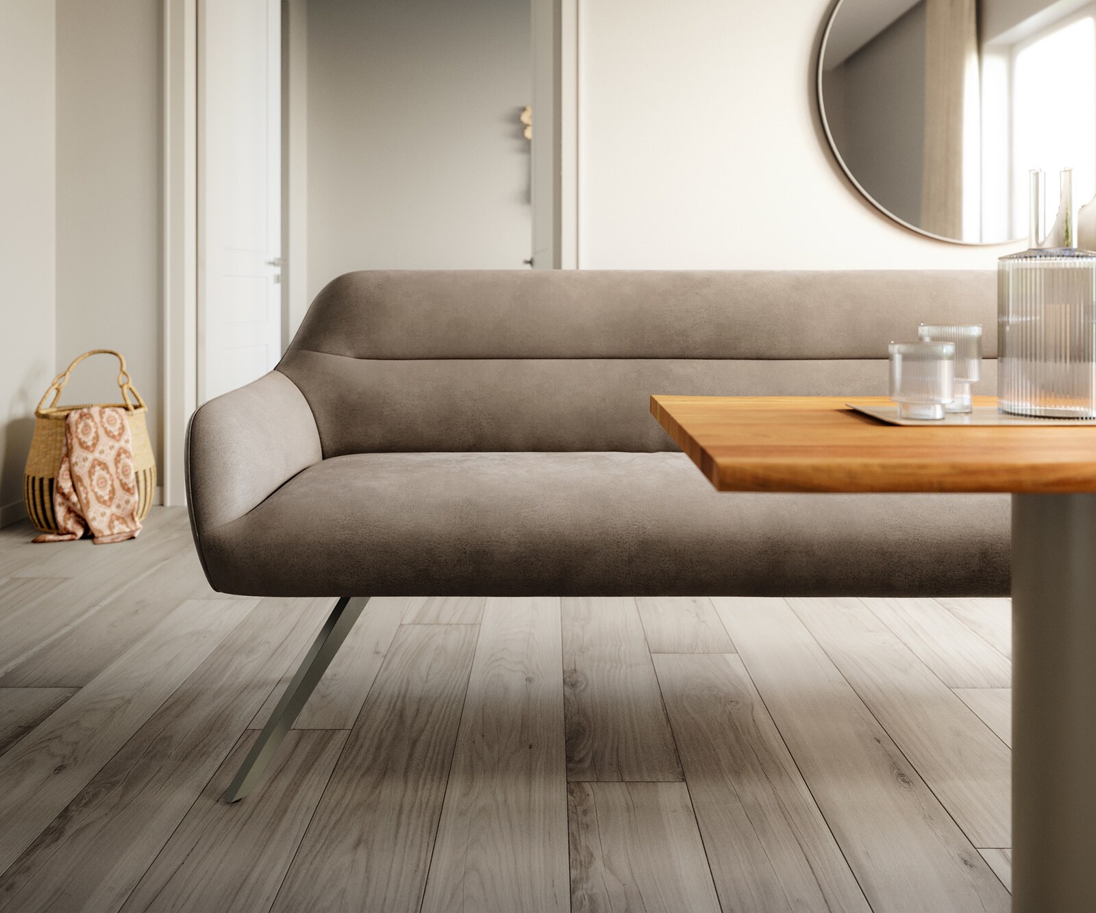 Esszimmerbank Taya-Flex 300 cm Mikrofaser Taupe Vintage Kreuzgestell kantig Effektfinish Titan Taschenfederkern 1