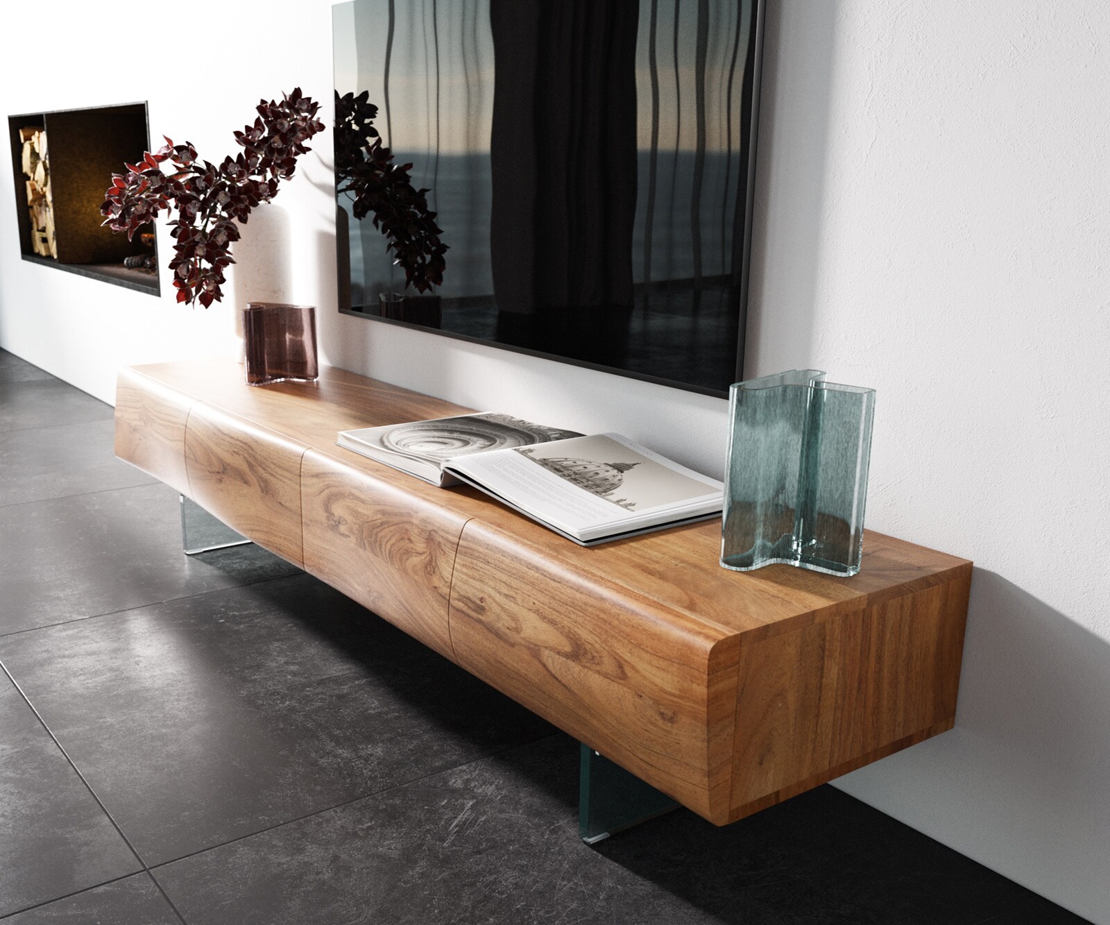 Lowboard New Live-Edge 175 cm Akazie Natur 4 Türen Glasfuß 1