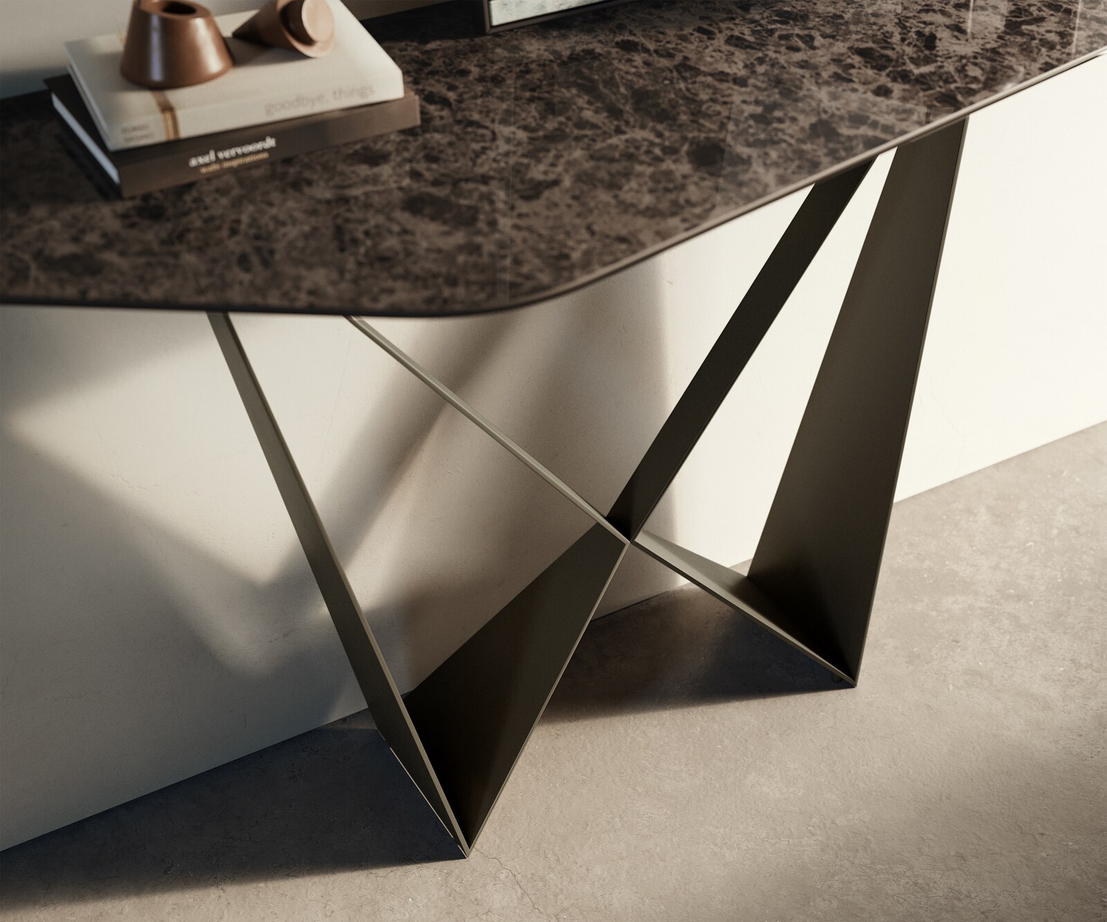 Konsolentisch Edge Polygonal 140x50 cm Keramik Emperador Extra Lucidato Dunkelbraun Spios Metall Effektfinish Titan 6