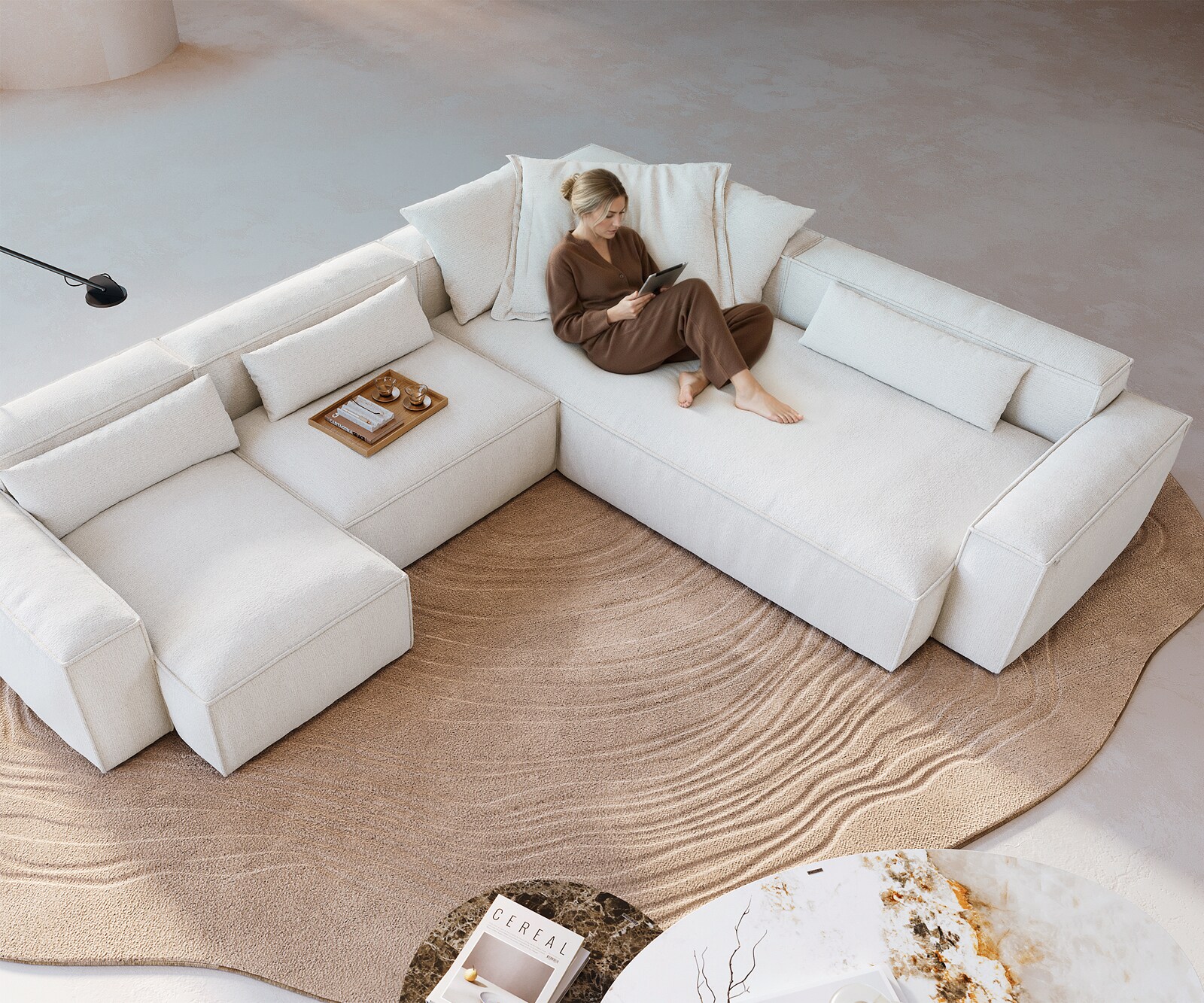 Wohnlandschaft Freestyle 360x290 cm Bouclé Soft Beige Kedernaht 3