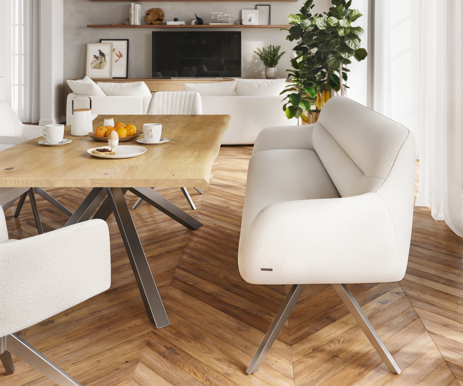 Esszimmerbank Taya-Flex 200 cm Bouclé Creme-Weiß Kreuzgestell kantig Graphit Taschenfederkern 2