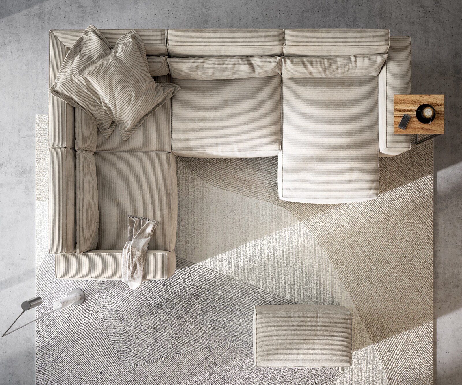 Wohnlandschaft Sirpio 300x210 cm Cord Beige Recamiere variabel mit Hocker 6