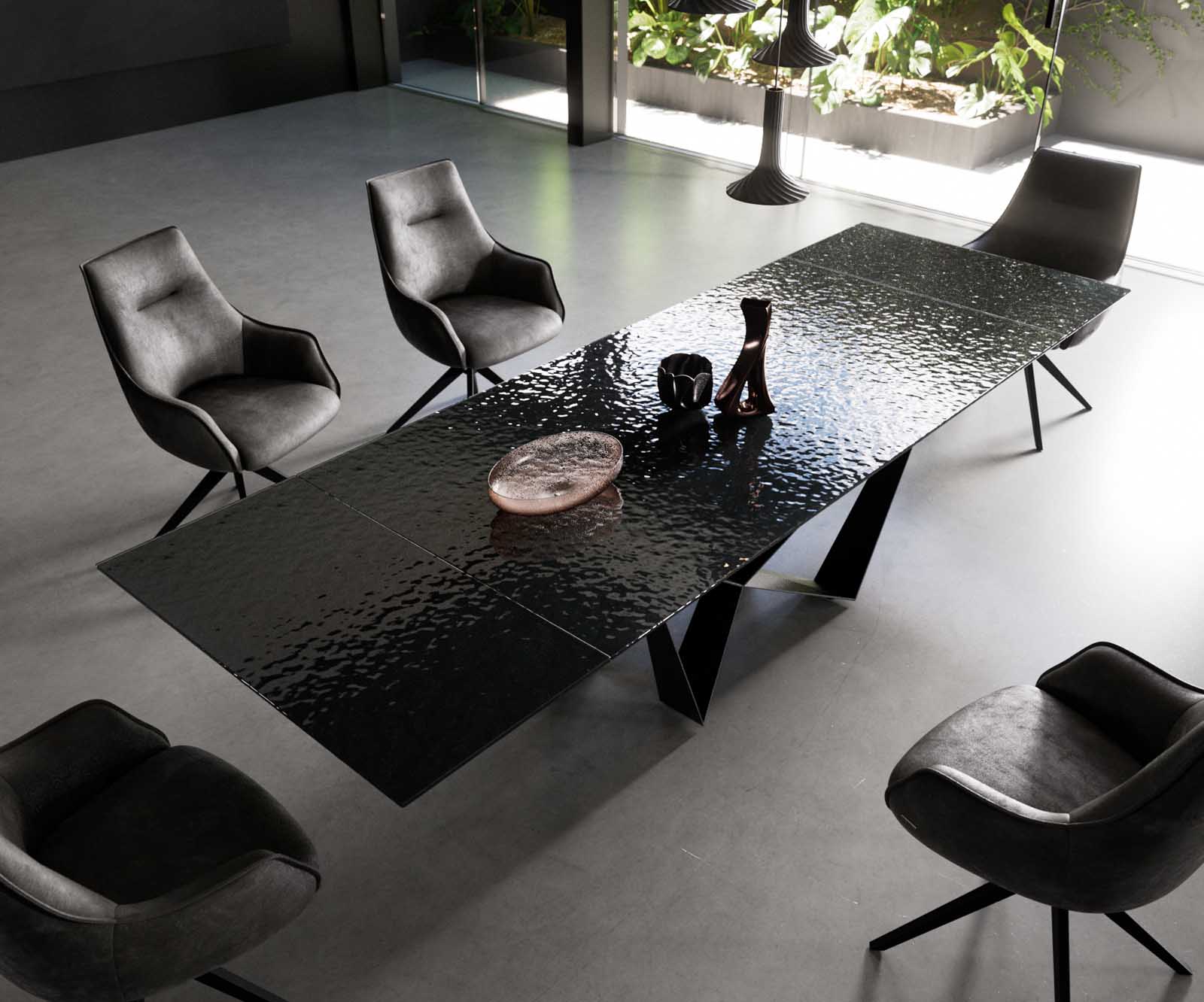 Esstisch Edge 200-300x100 Reliefglas Rauchschwarz 3D-Design Spider Flachstahl Schwarz ausziehbar 4 Esstisch Edge 200-300x100 Reliefglas Rauchschwarz 3D-Design Spider Flachstahl Schwarz ausziehbar 4