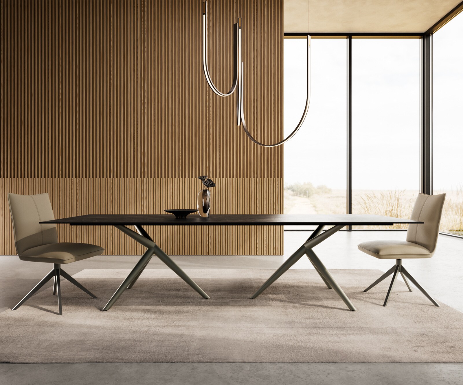 Esstisch Edge 300x100 Keramik Laminam®Noir Desir Braun Estelar rund Metall Effektfinish Titan 1