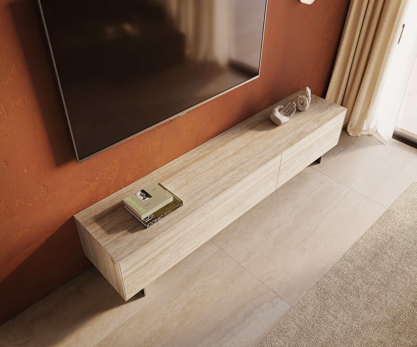 Lowboard Cuor 220 cm Keramik Laminam® Travertino Bianco Creme-Weiß 1 Klappe 2 Schubfächer Fuß Schwebeoptik Edelstahl 4