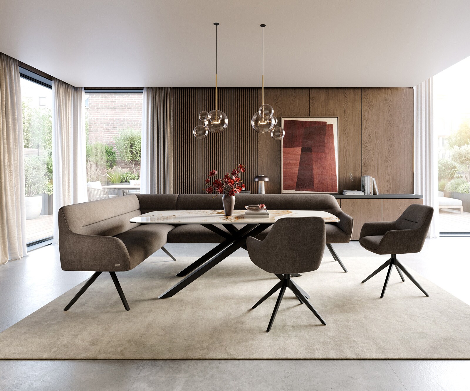 Esszimmerbank Taya-Flex 285x190 cm Strukturstoff Soft Taupe Kreuzgestell kantig Schwarz Taschenfederkern Rechts 1