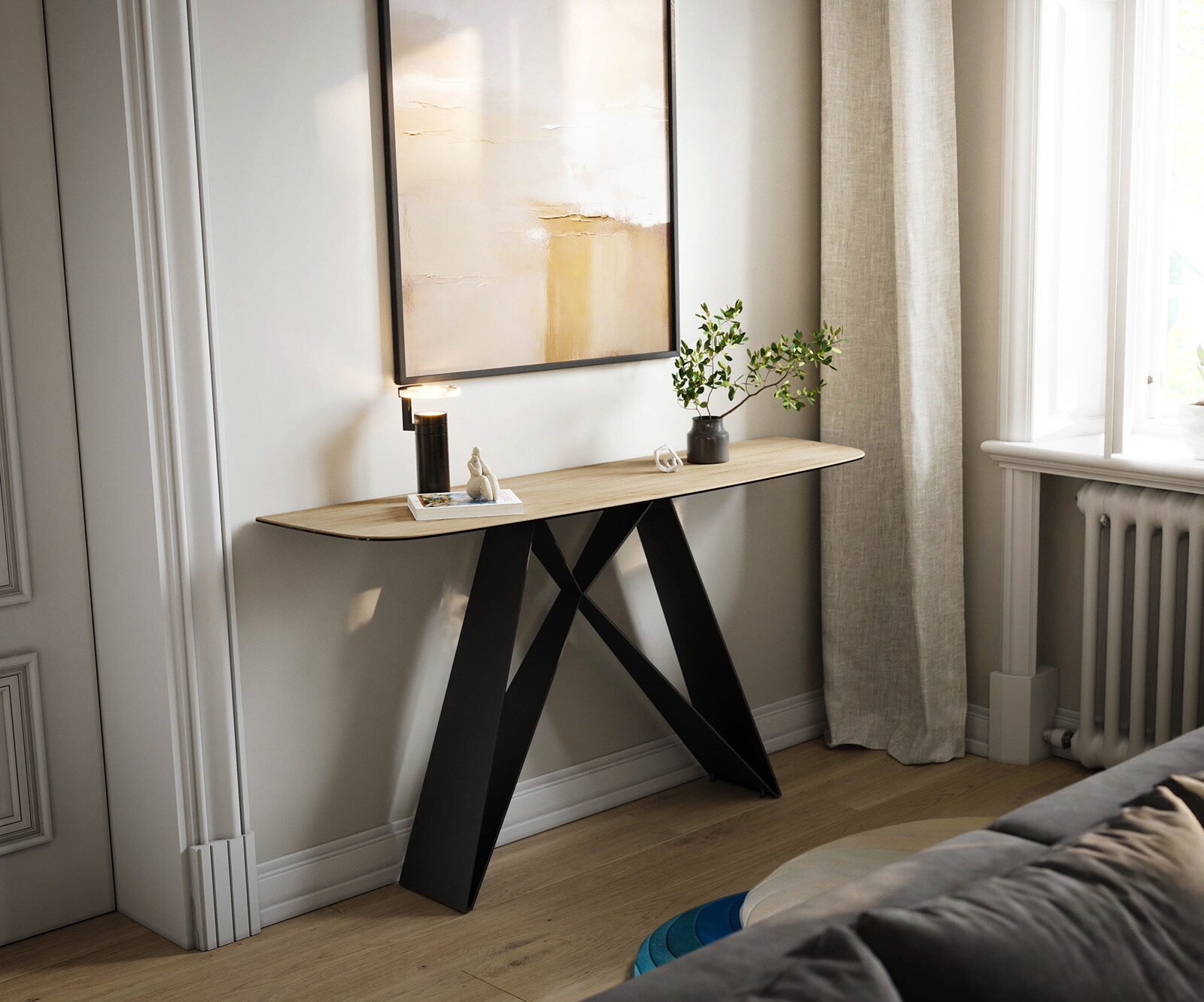 Konsolentisch Edge Boot 140x40 cm Keramik Laminam® Sabbia Eichefarbig Velio Metall Schwarz 3