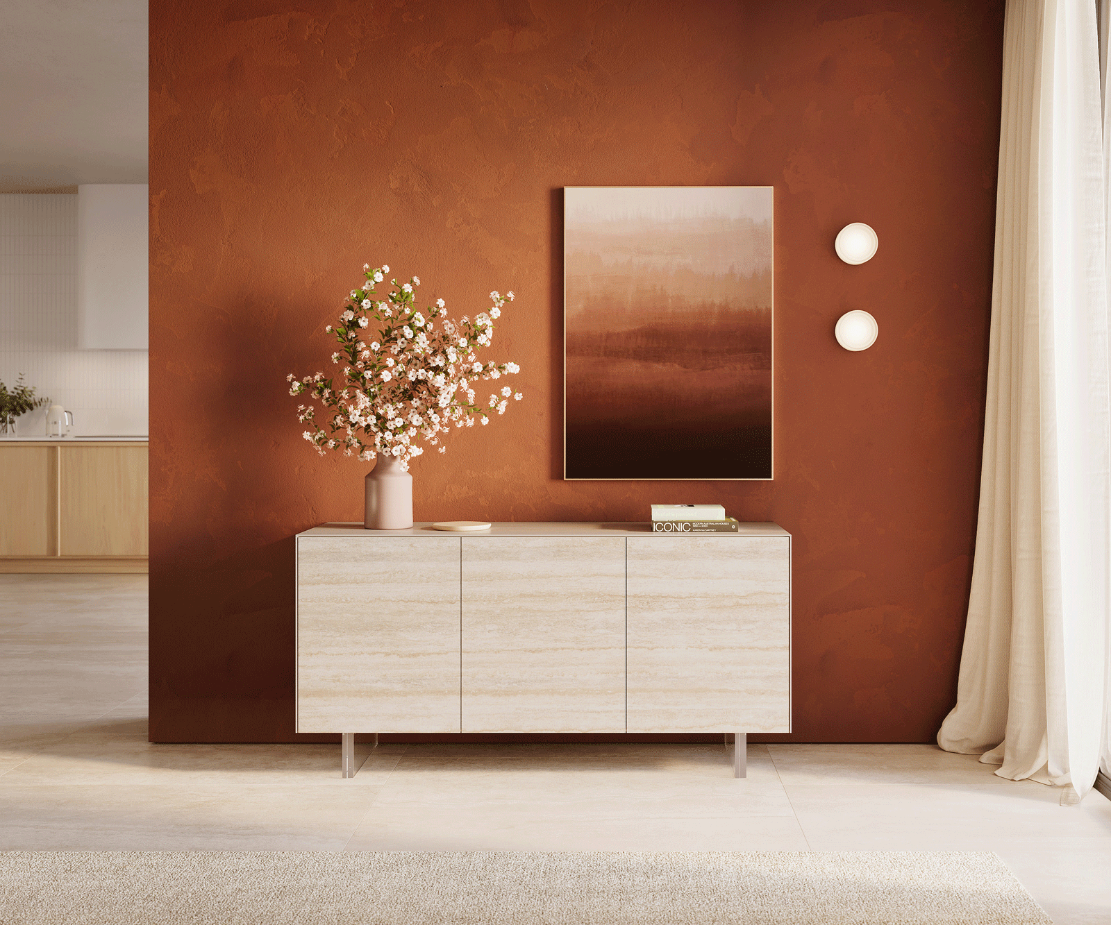 Sideboard Cuor 150 cm Keramik Laminam® Travertino Bianco Creme-Weiß 3 Türen Fuß Schwebeoptik Acrylglas 2