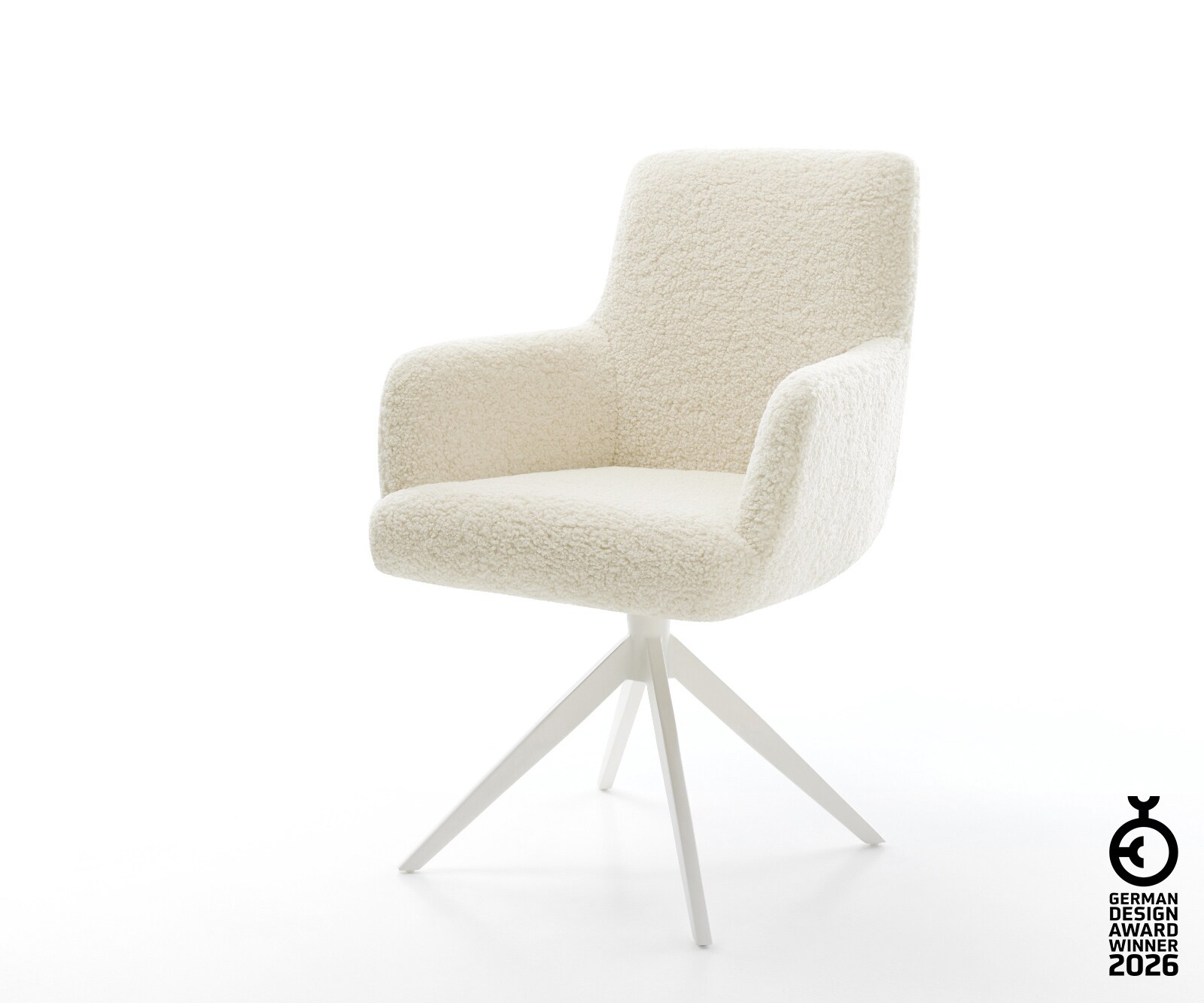 Drehstuhl Heira-Flex mit Armlehnen Teddystoff Beige Kreuzgestell breit Weiß 360° drehbar Wippfunktion Taschenfederkern