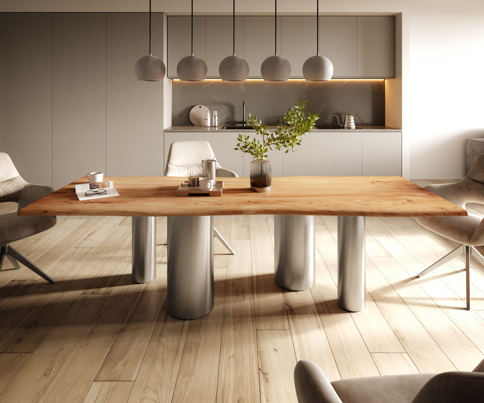 Esstisch Edge 260x100 Akazie Natur Pilier Edelstahl gebürstet Live-Edge 1