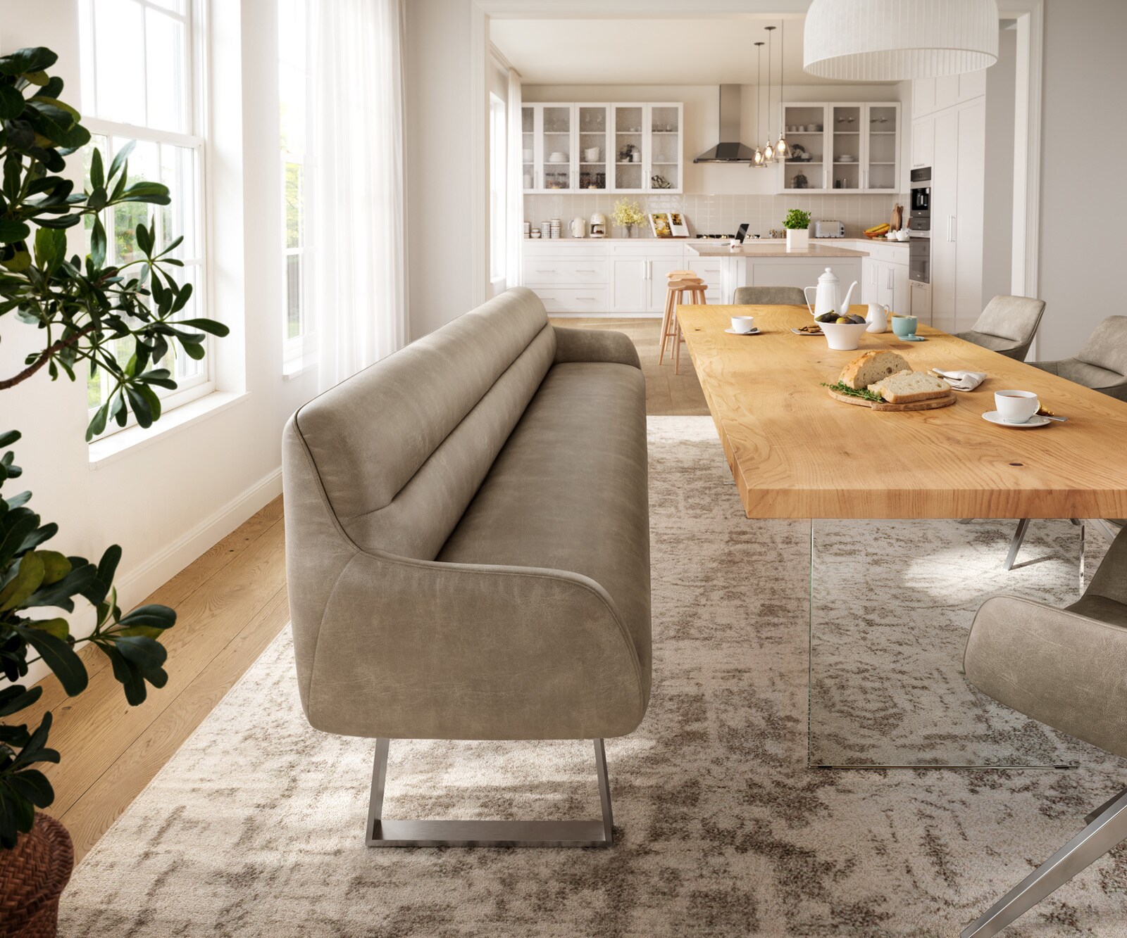 Esszimmerbank Taya-Flex 300 cm Mikrofaser Beige Vintage Kufengestell kantig Edelstahl Taschenfederkern 2