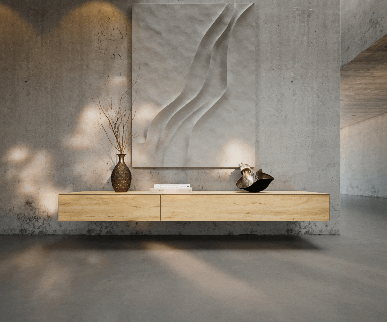 Lowboard Cuor 200 cm Keramik Laminam® Sabbia Eichefarbig 1 Klappe 1 Schubfach Schwebend 2
