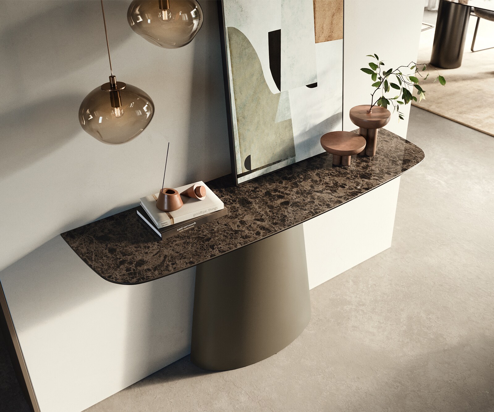 Konsolentisch Edge Boot 140x40 cm Keramik Emperador Extra Lucidato Dunkelbraun Conos Metall Effektfinish Titan 1