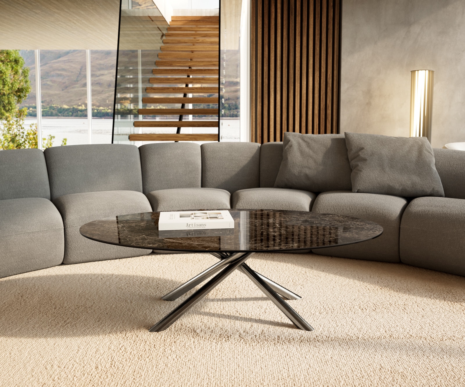 Couchtisch Edge Oval 140x80 cm Keramik Laminam® Emperador Extra Lucidato Dunkelbraun Sarity Edelstahl gebürstet 2