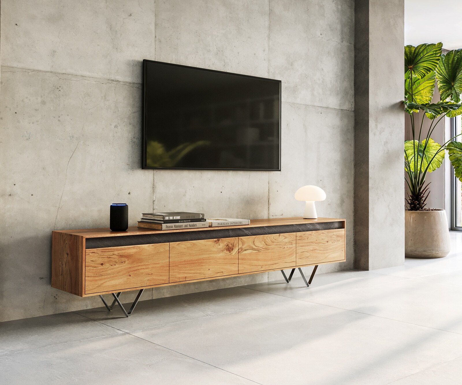 Designer-Lowboard Stonegrace 200 cm Akazie Natur Schiefer 4 Schübe