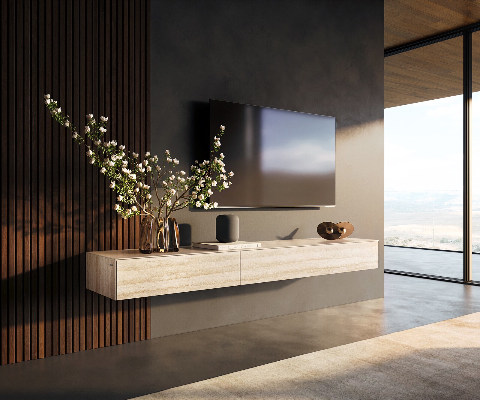 Lowboard Cuor 200 cm Keramik Laminam® Travertino Bianco Creme-Weiß 1 Klappe 1 Schubfach Schwebend