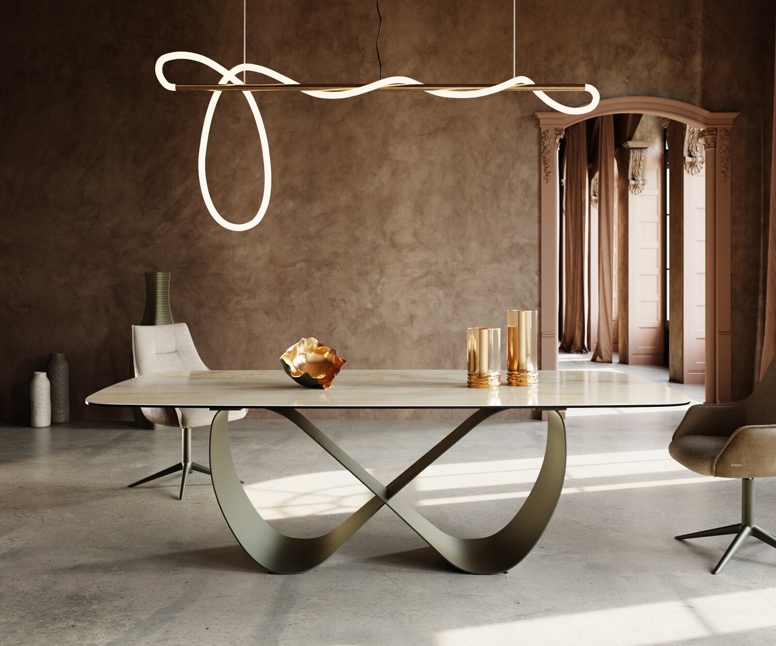 Esstisch Edge Boot 240x120 cm Keramik Iris FMG Onice Oro Infinity Metall Effektfinish Titan 2