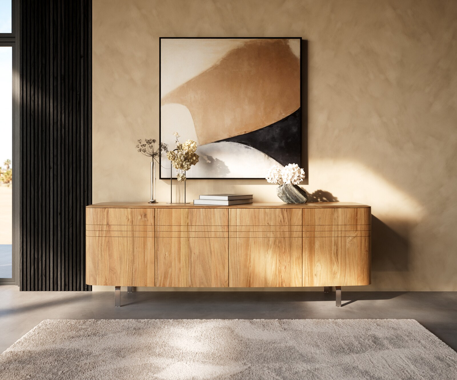 Sideboard Nagaru 200 cm Akazie Aura 4 Türen L-Fuß Edelstahl 1