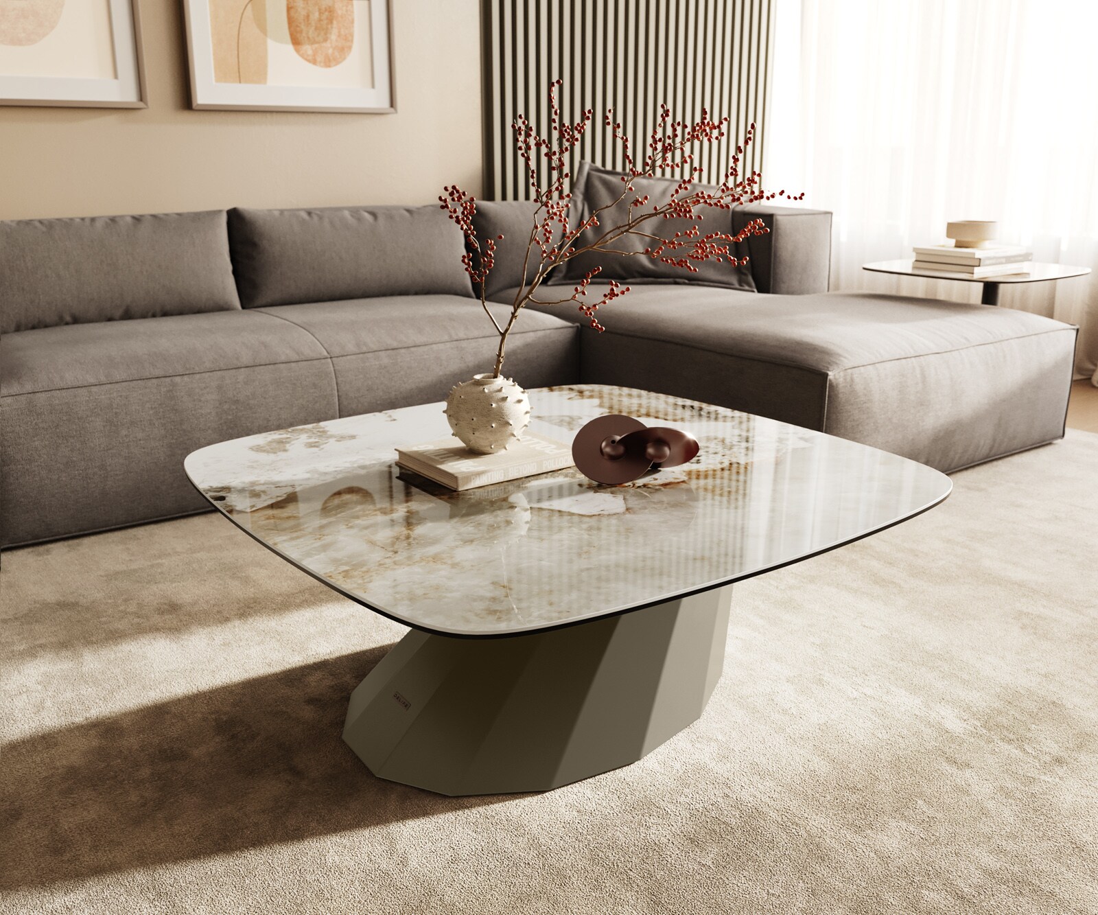 Couchtisch Edge Boot 90x90 cm Keramik Minas Melange Parabi Metall Effektfinish Titan