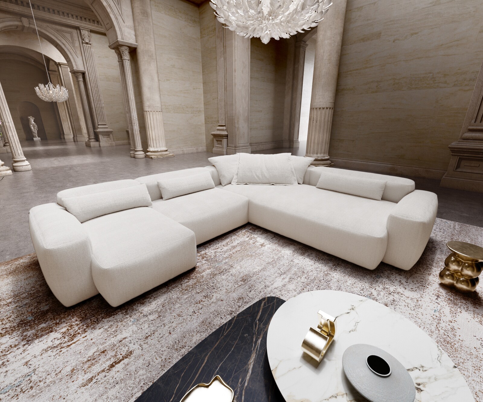 Wohnlandschaft Freestyle 360x290 cm Bouclé Soft Beige Kappnaht