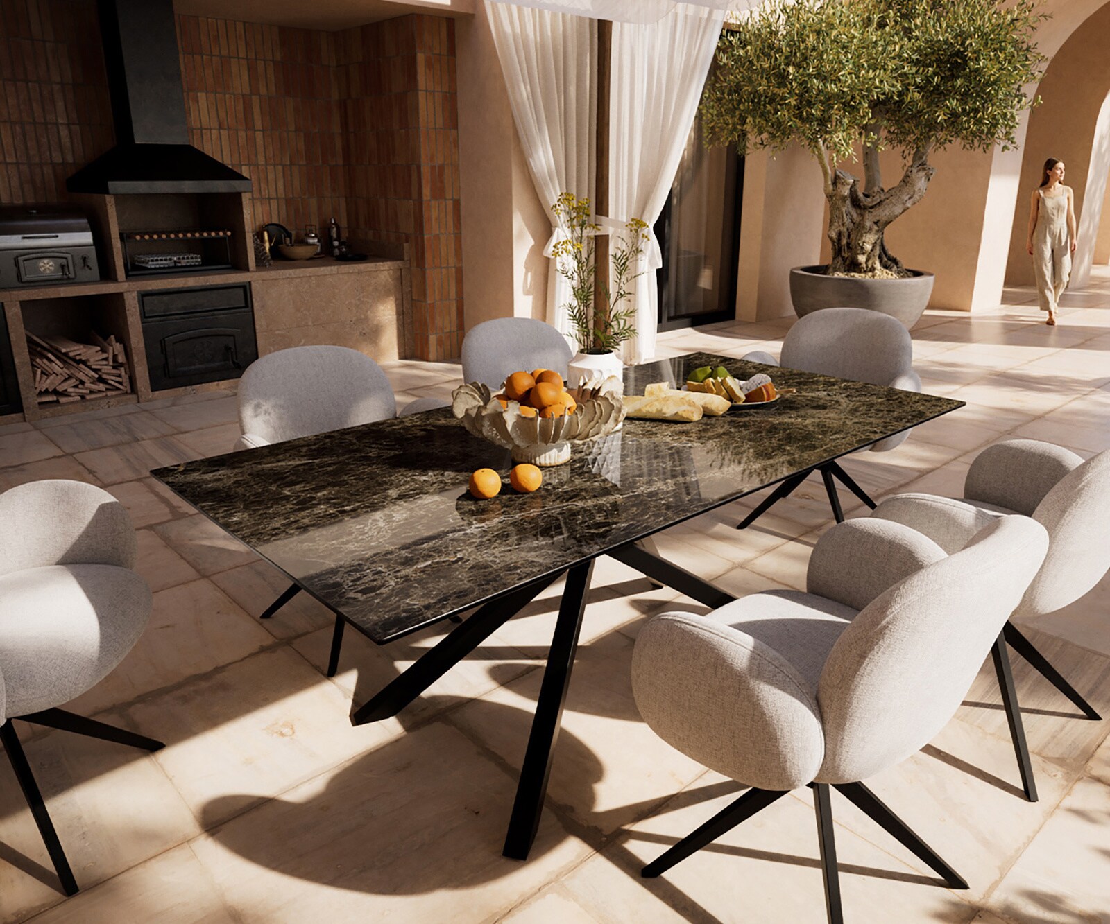 Outdoortisch Edge 200x100 cm Keramik Laminam® Emperador Extra Lucidato Dunkelbraun Kreuzgestell Rechteck Schwarz