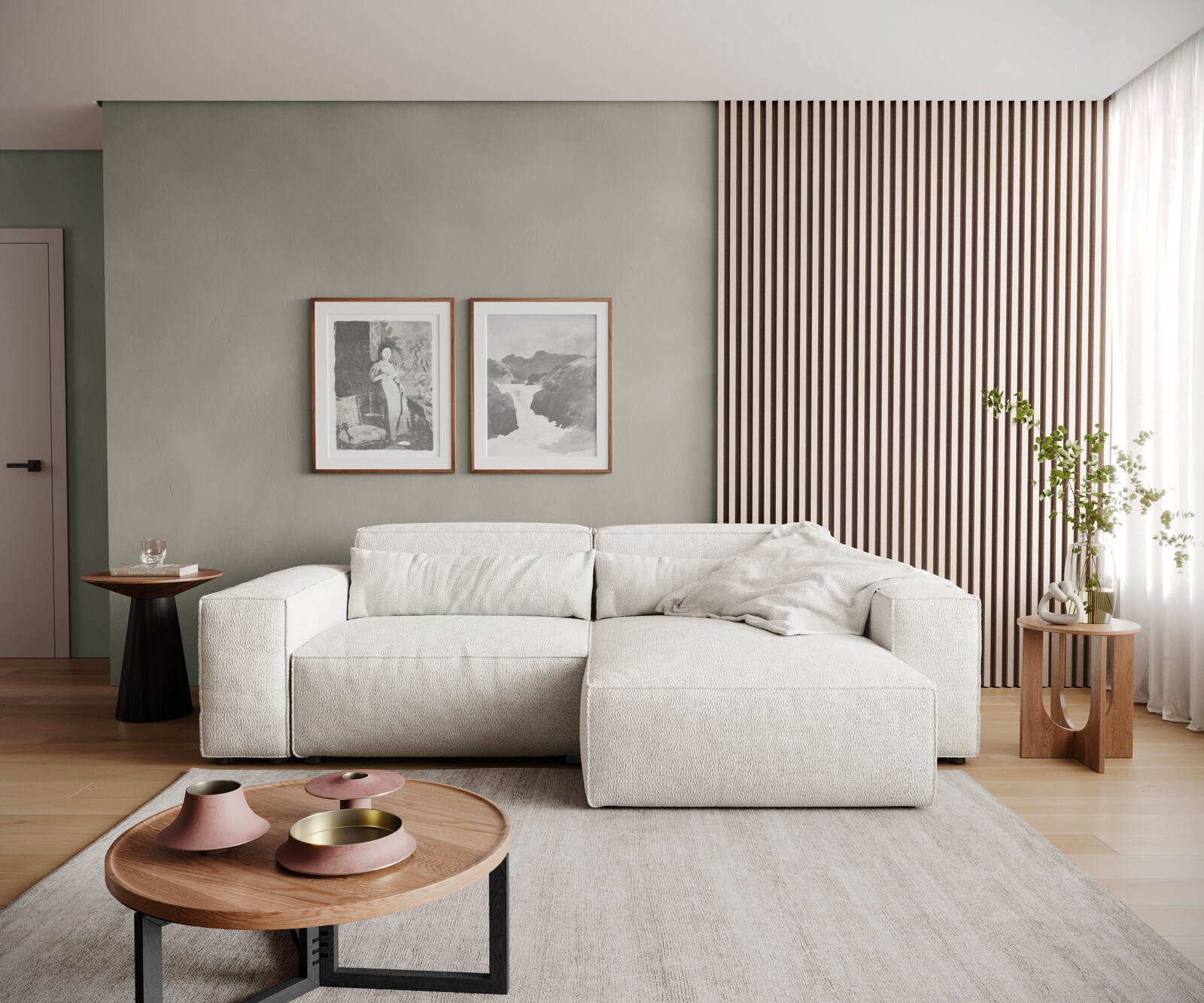 Ecksofa Sirpio 230x155 cm Bouclé Creme-Weiß Recamiere variabel 1