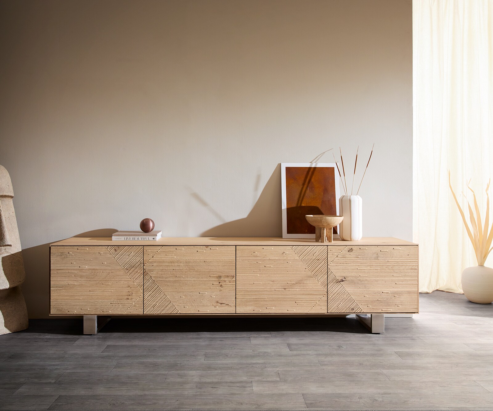 Lowboard Tereos 220 cm Eiche Natur 3D Effekt 4 Türen Kufe Edelstahl gebürstet 1