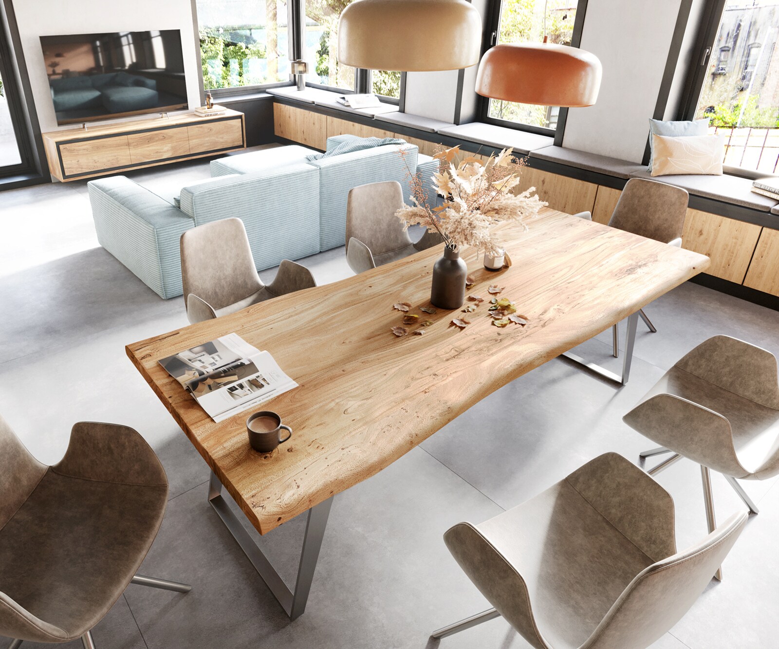 Esstisch Edge 280x100 XL Akazie Natur Edelstahl Schräg Live-Edge 4