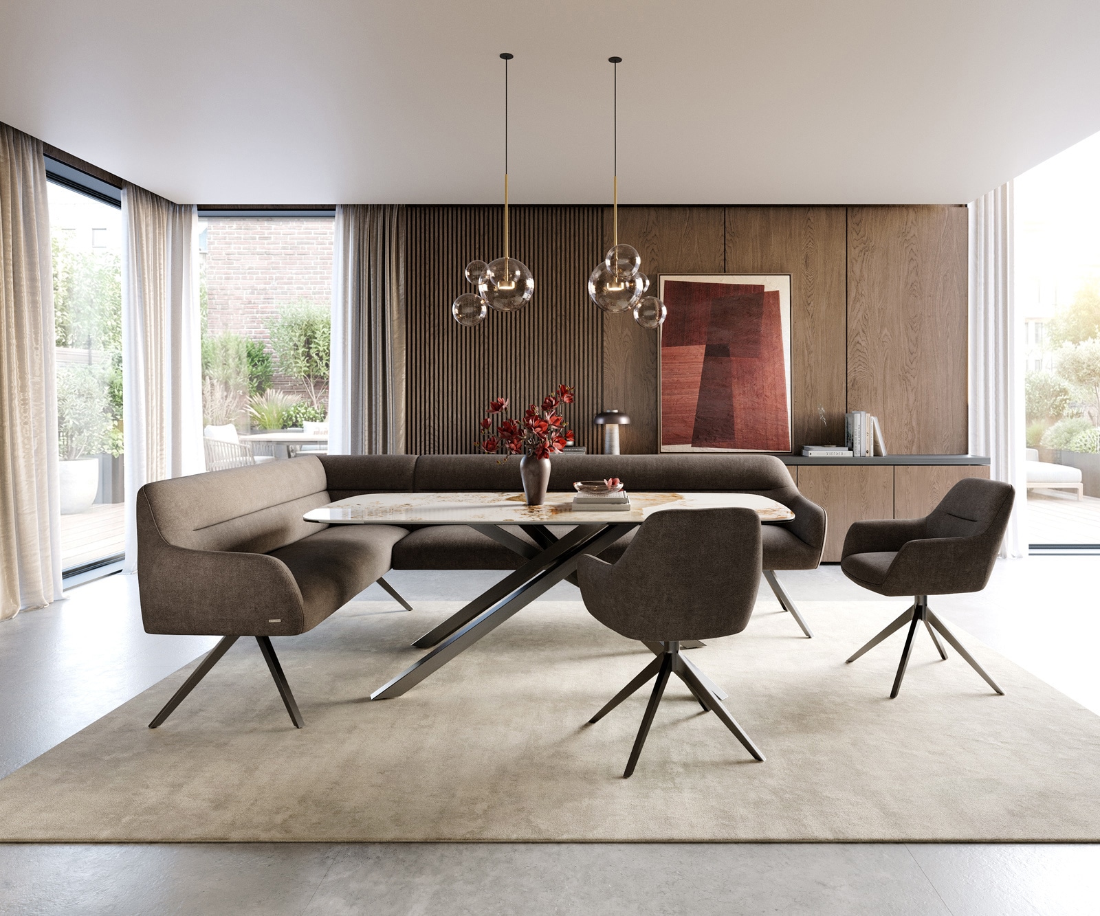 Esszimmerbank Taya-Flex 285x190 cm Strukturstoff Soft Taupe Kreuzgestell kantig Graphit Taschenfederkern Rechts 1