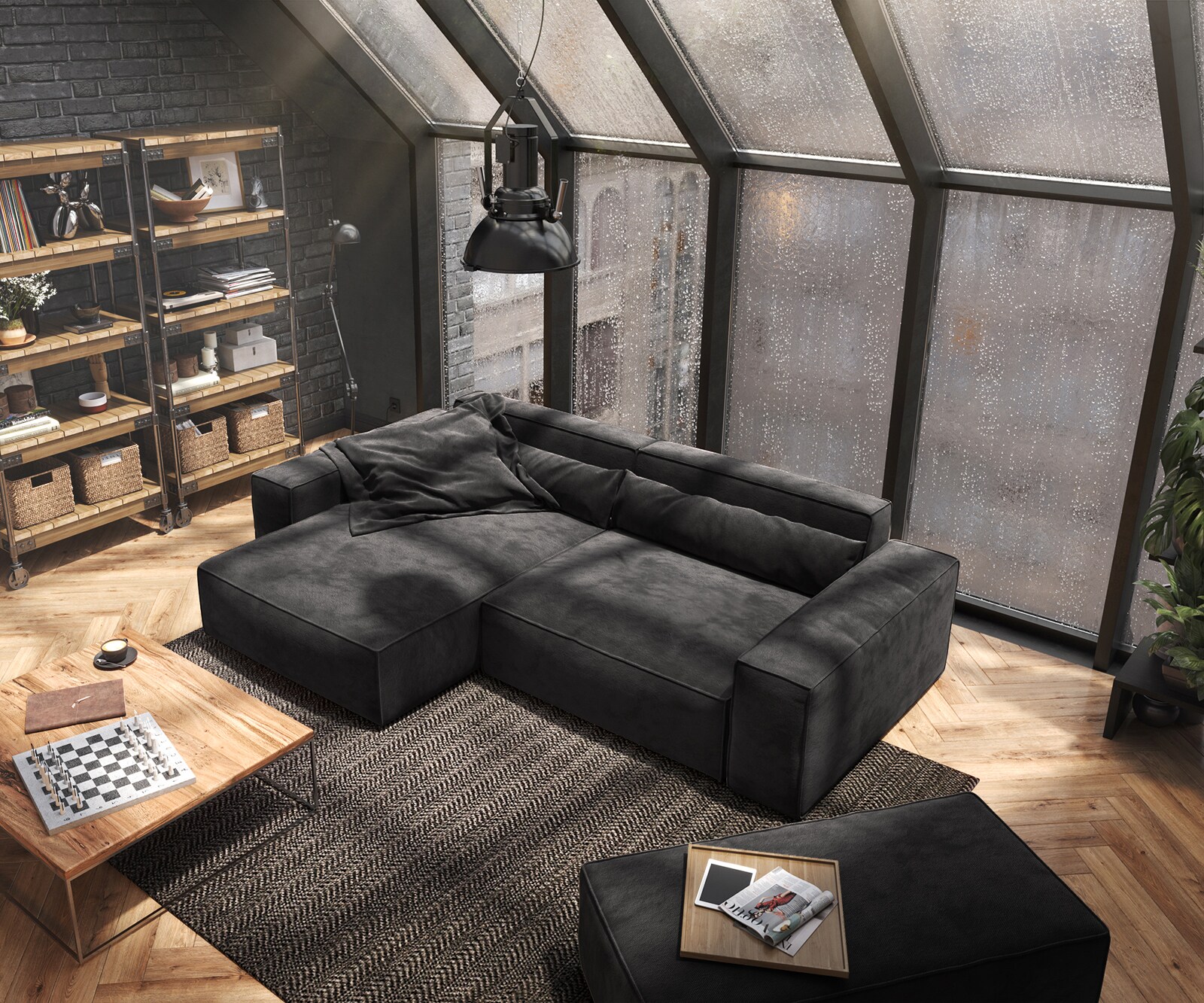 Ecksofa Sirpio XL 270x170 cm Mikrofaser Schwarz Recamiere variabel mit Hocker 4