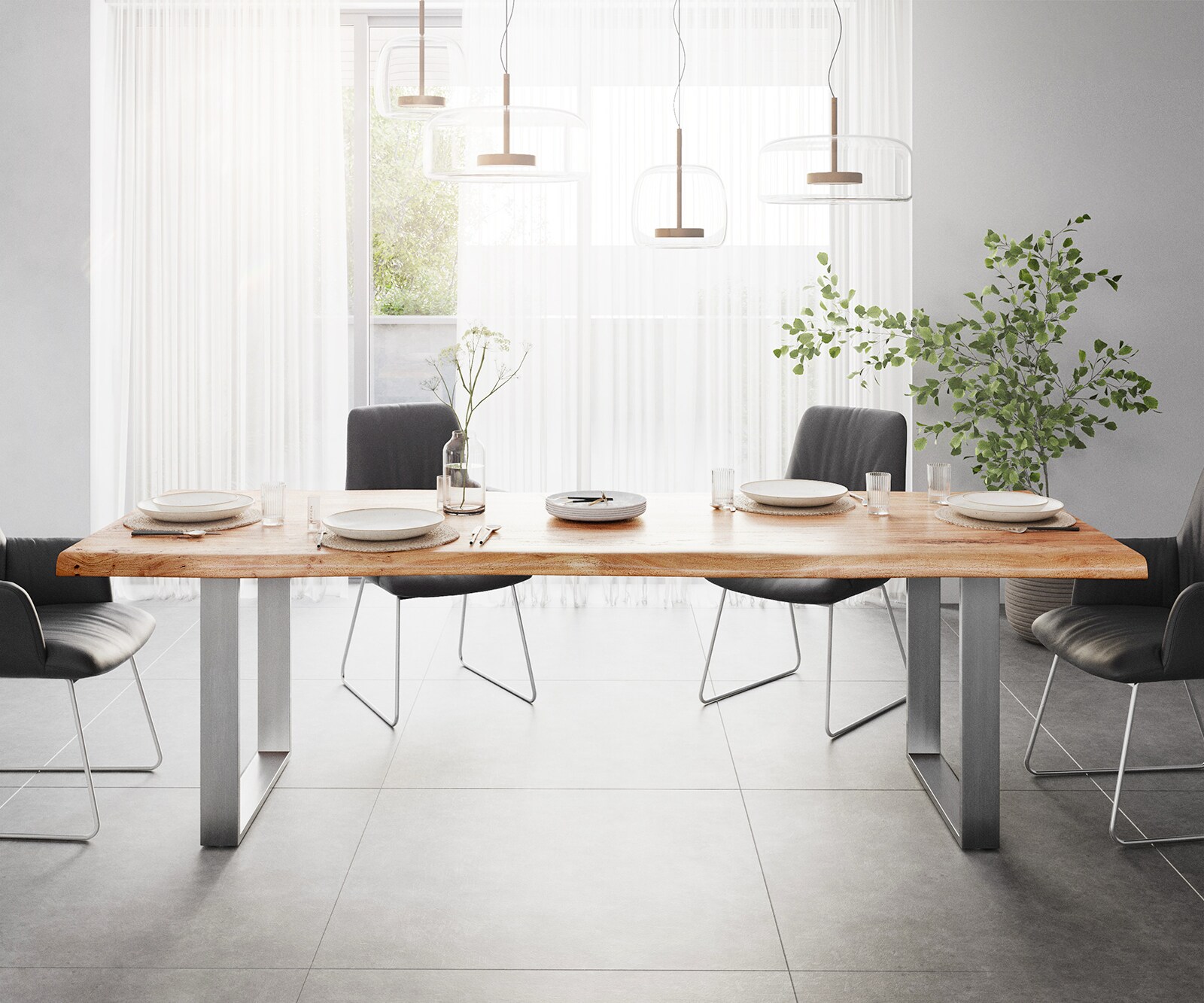 Esstisch Edge 260x100 XL Akazie Natur Edelstahl Schmal Live-Edge 2