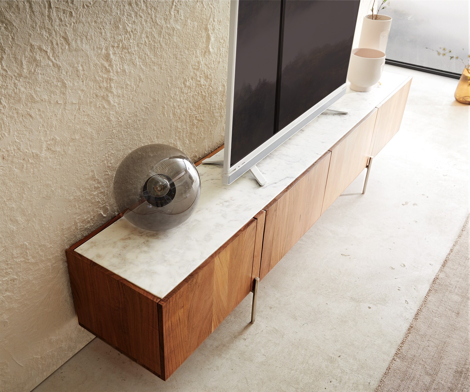 Lowboard Secara 220 cm Akazie Natur 4 Türen Marmor Füße Edelstahl 5