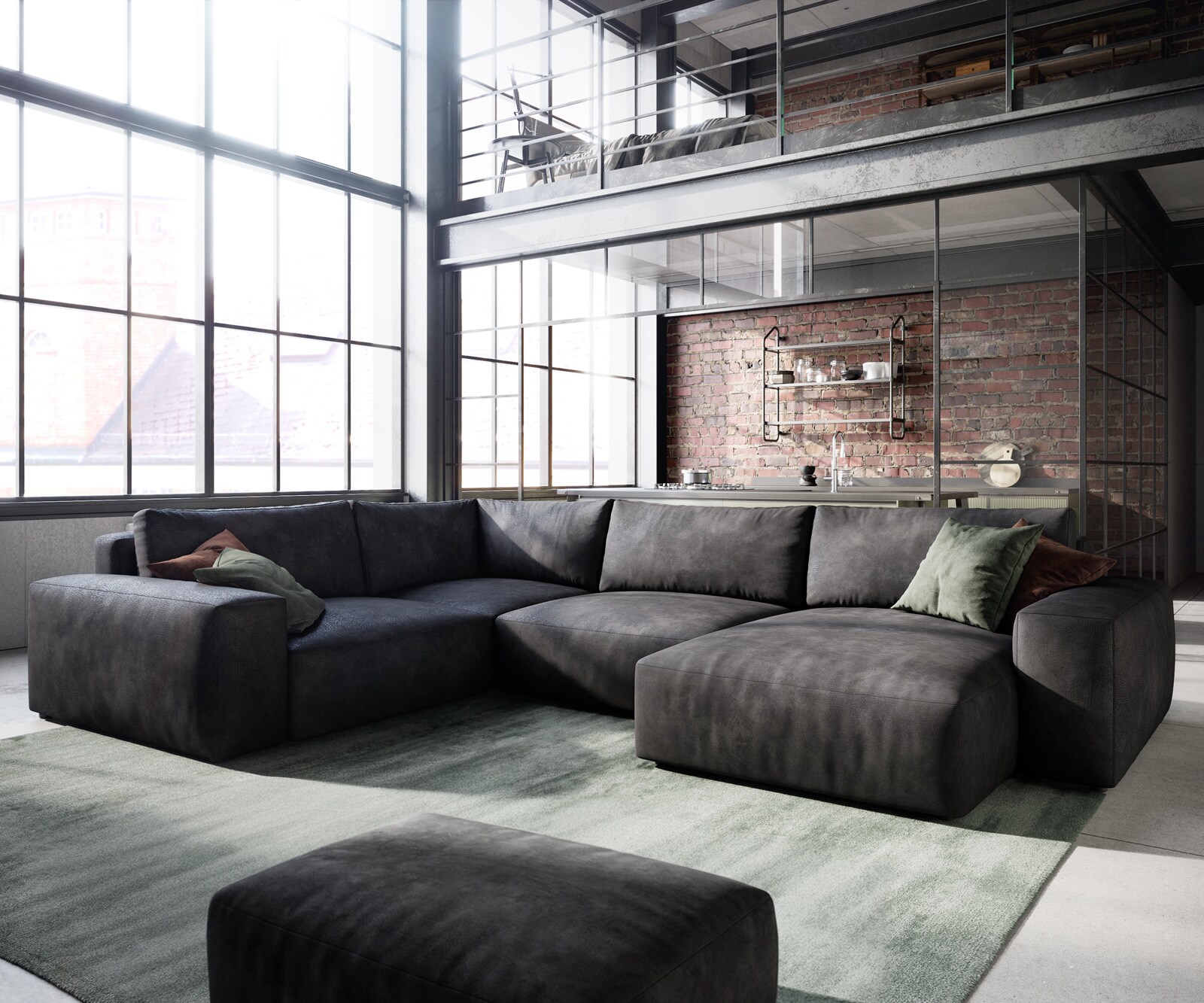 Grand canapé d’angle Lanzo cm similicuir vintage anthracite cm méridienne réversible avec pouf