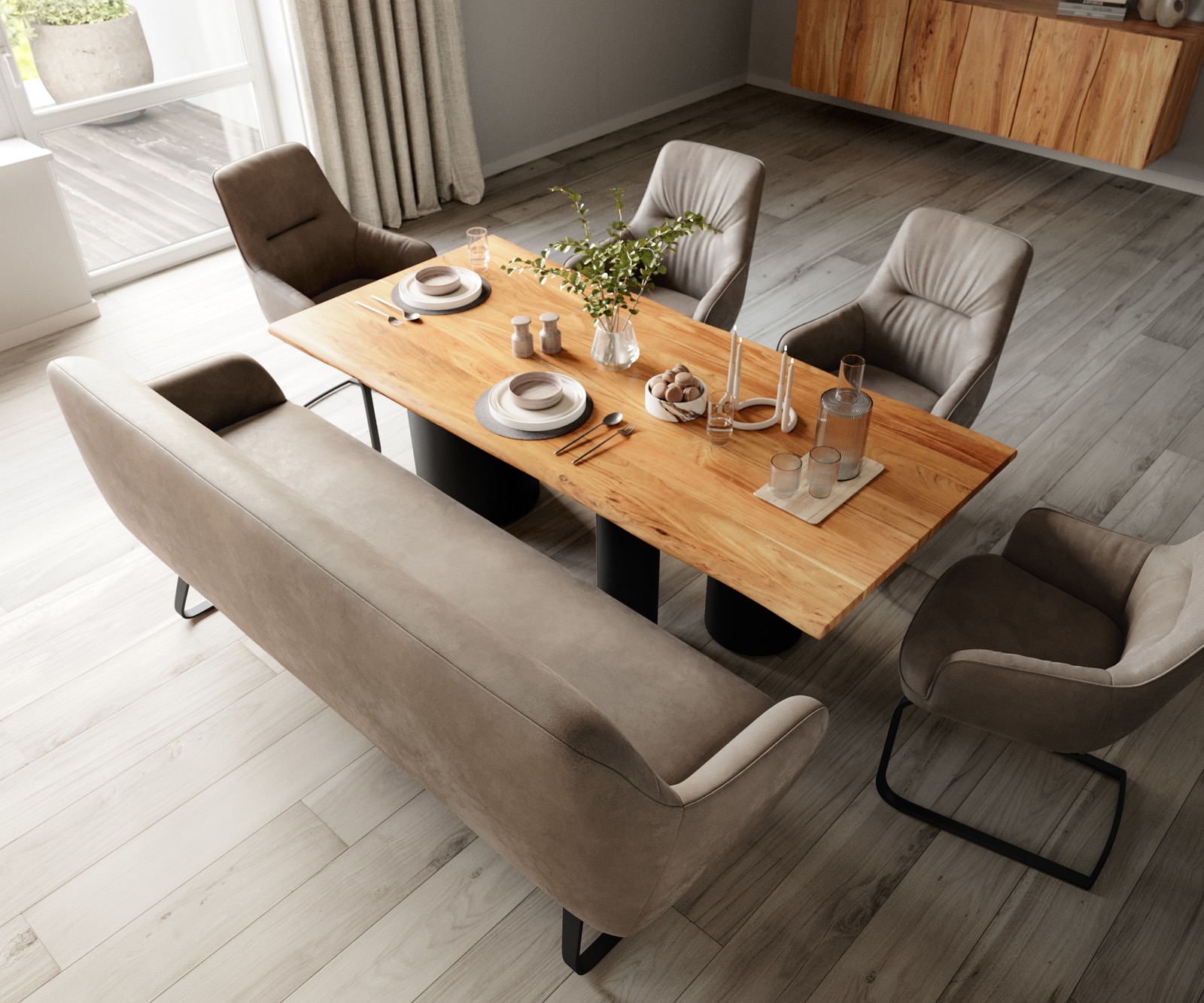 Esszimmerbank Taya-Flex 200 cm Mikrofaser Taupe Vintage Kufengestell flach Schwarz Taschenfederkern 3