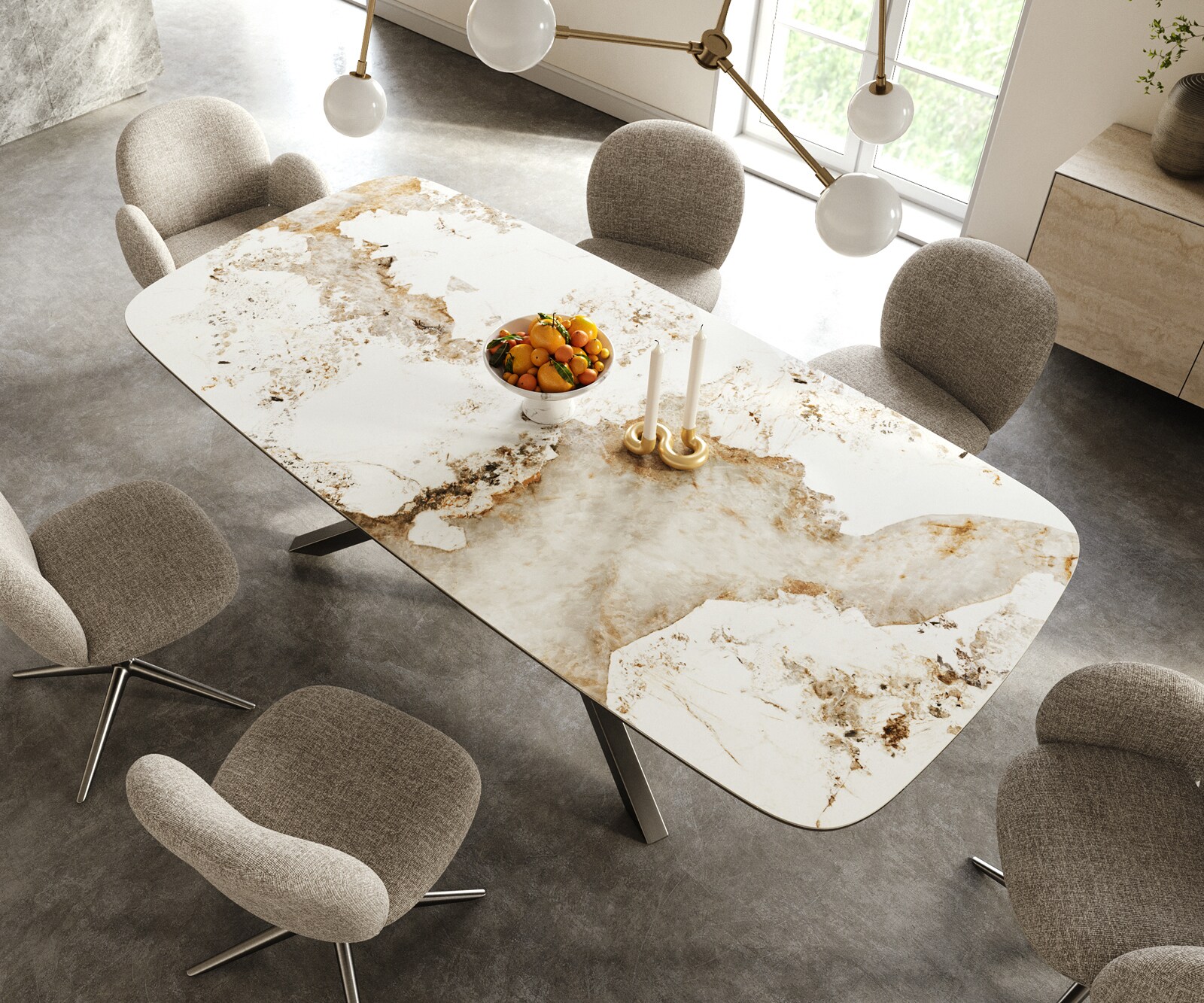 Esstisch Edge Boot 240x120 cm Keramik Minas Melange Weiß-Beige Kreuzgestell Rechteck Edelstahl Graphit 3