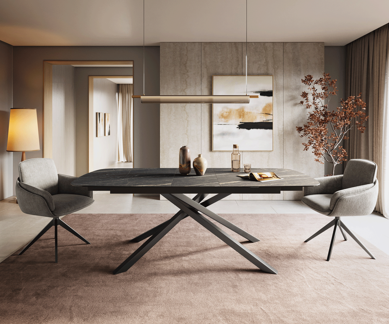 Esstisch Edge Boot 180-220x100 cm Laminam® Keramik Noir Desir Braun Kreuzgestell Rechteck Edelstahl Graphit ausziehbar 2