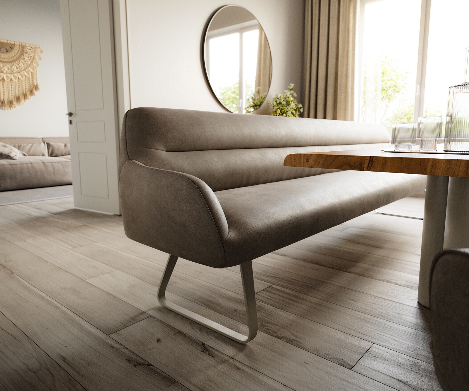 Esszimmerbank Taya-Flex 300 cm Mikrofaser Taupe Vintage Kufengestell flach Effektfinish Titan Taschenfederkern 4