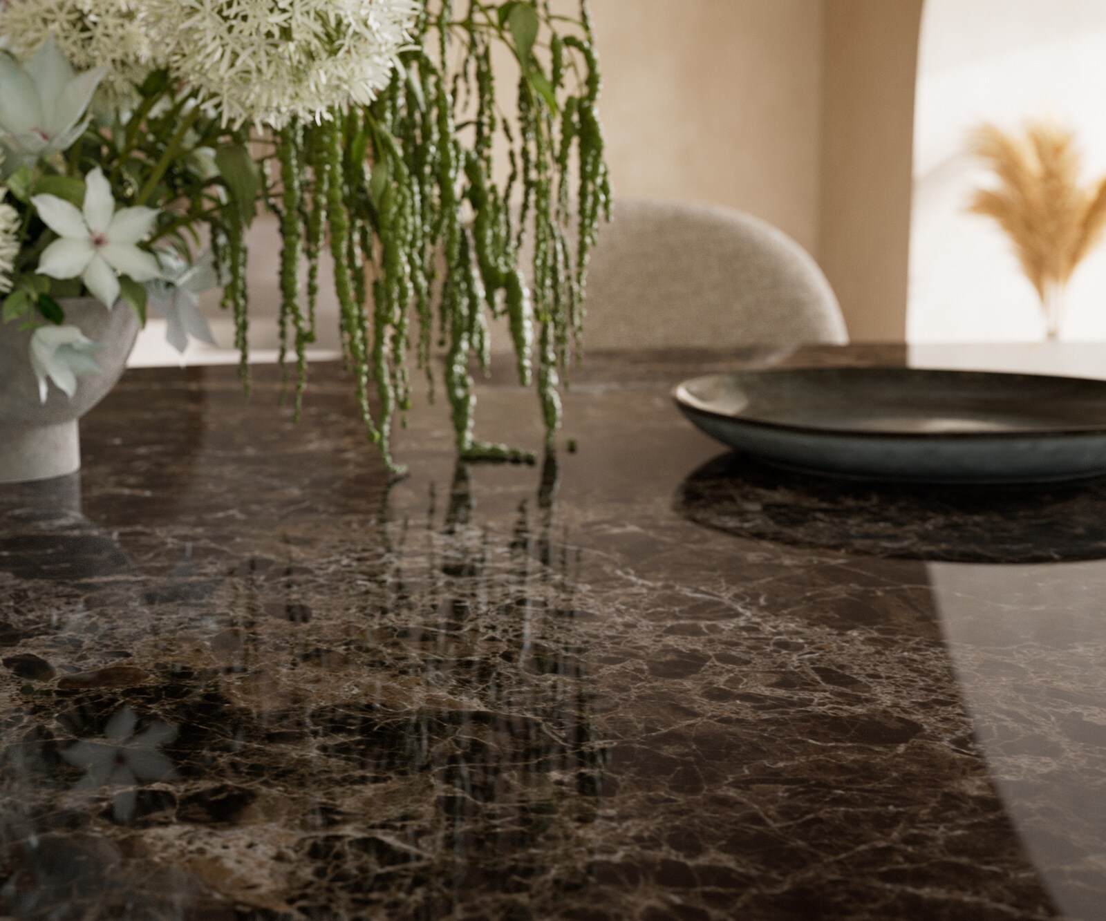 Esstisch Edge Oval 220x120 Keramik Laminam® Emperador Extra Lucidato Dunkelbraun W-Gestell Metall Effektfinish Titan 7
