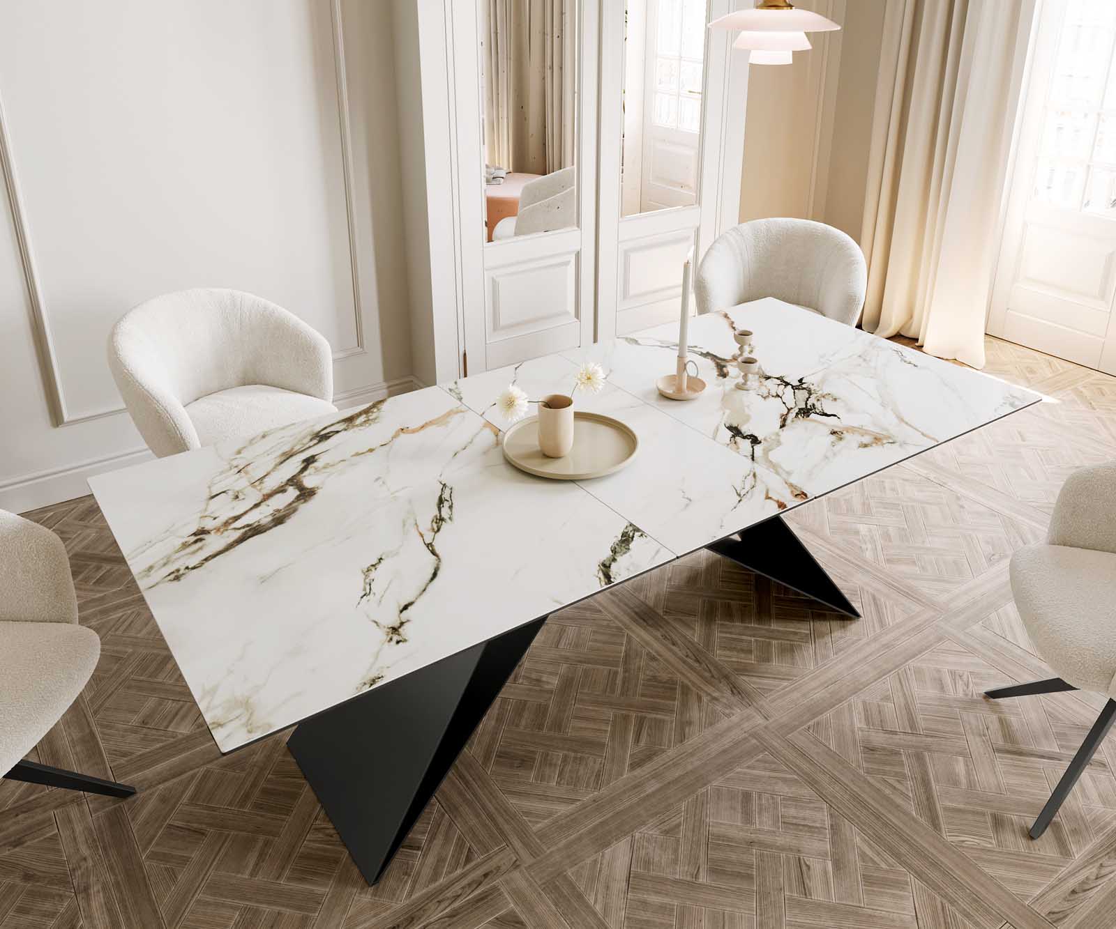 Esstisch Edge 180-220x100 Keramik Calacatta Luxe Weiß-Gold-Grau V-Gestell Flachstahl Schwarz ausziehbar 6 Esstisch Edge 180-220x100 Keramik Calacatta Luxe Weiß-Gold-Grau V-Gestell Flachstahl Schwarz ausziehbar 6