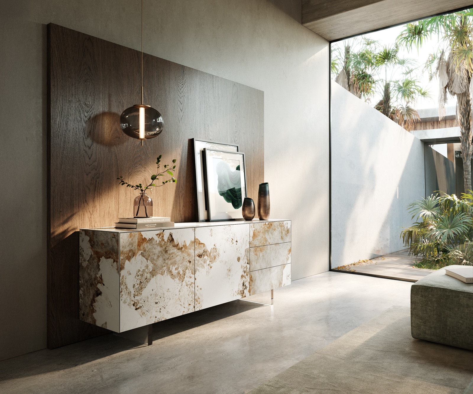 Sideboard Cuor 180 cm Keramik Minas Melange Weiß-Beige 2 Türen 3 Schubfächer Fuß Schwebeoptik Acrylglas