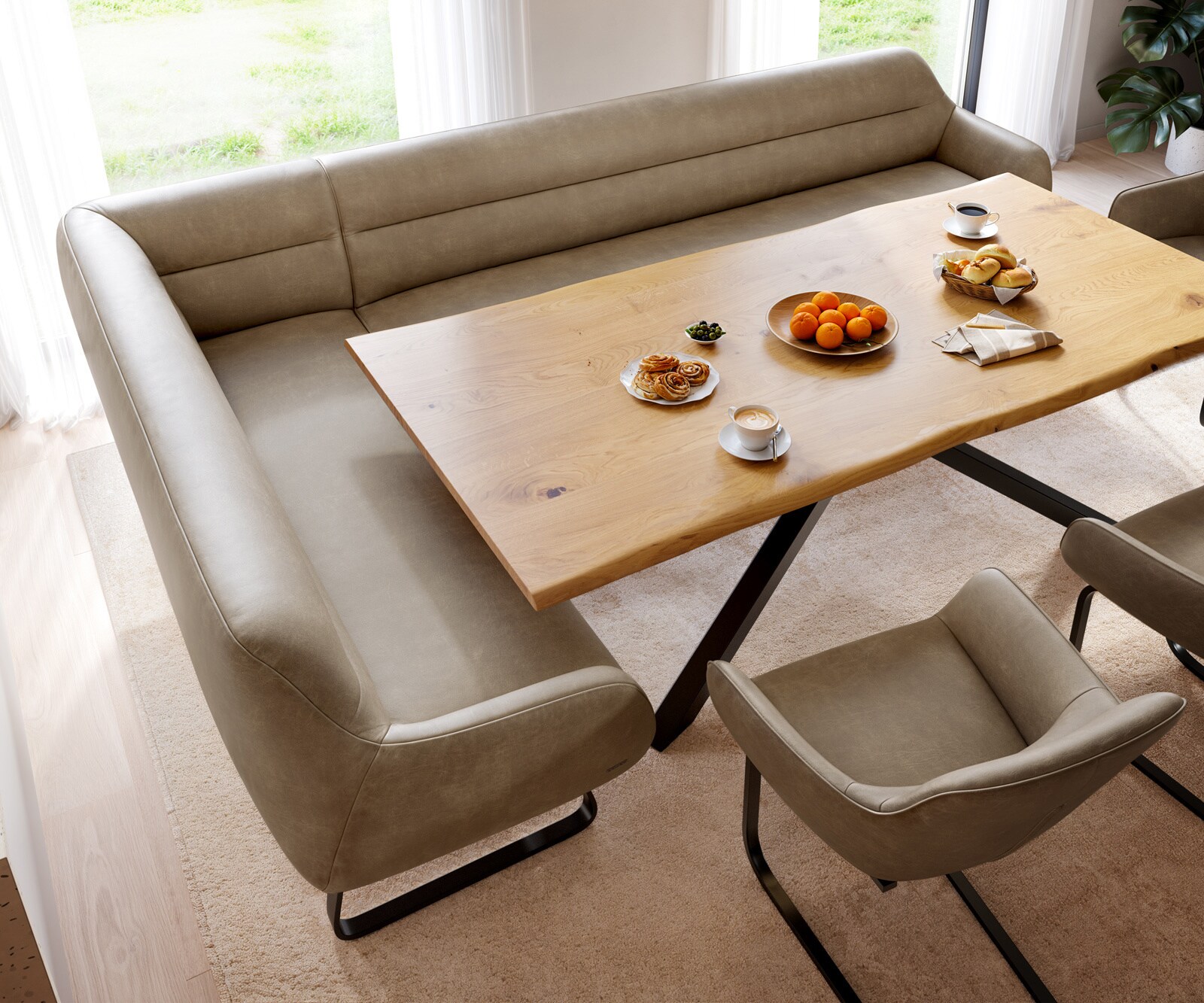 Esszimmerbank Taya-Flex 285x190 cm Mikrofaser Beige Vintage Kufengestell flach Schwarz Taschenfederkern Rechts 3