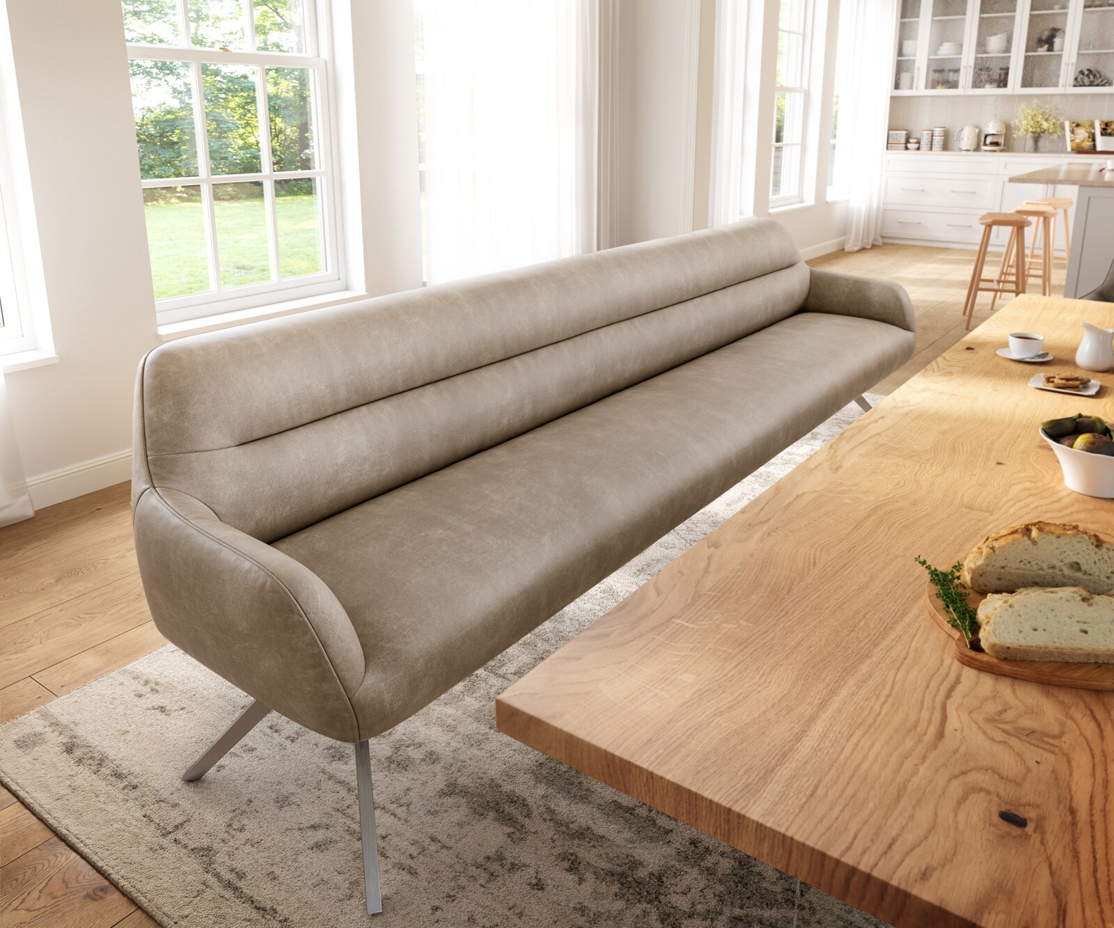 Esszimmerbank Taya-Flex 300 cm Mikrofaser Beige Vintage Kreuzgestell kantig Edelstahl Taschenfederkern