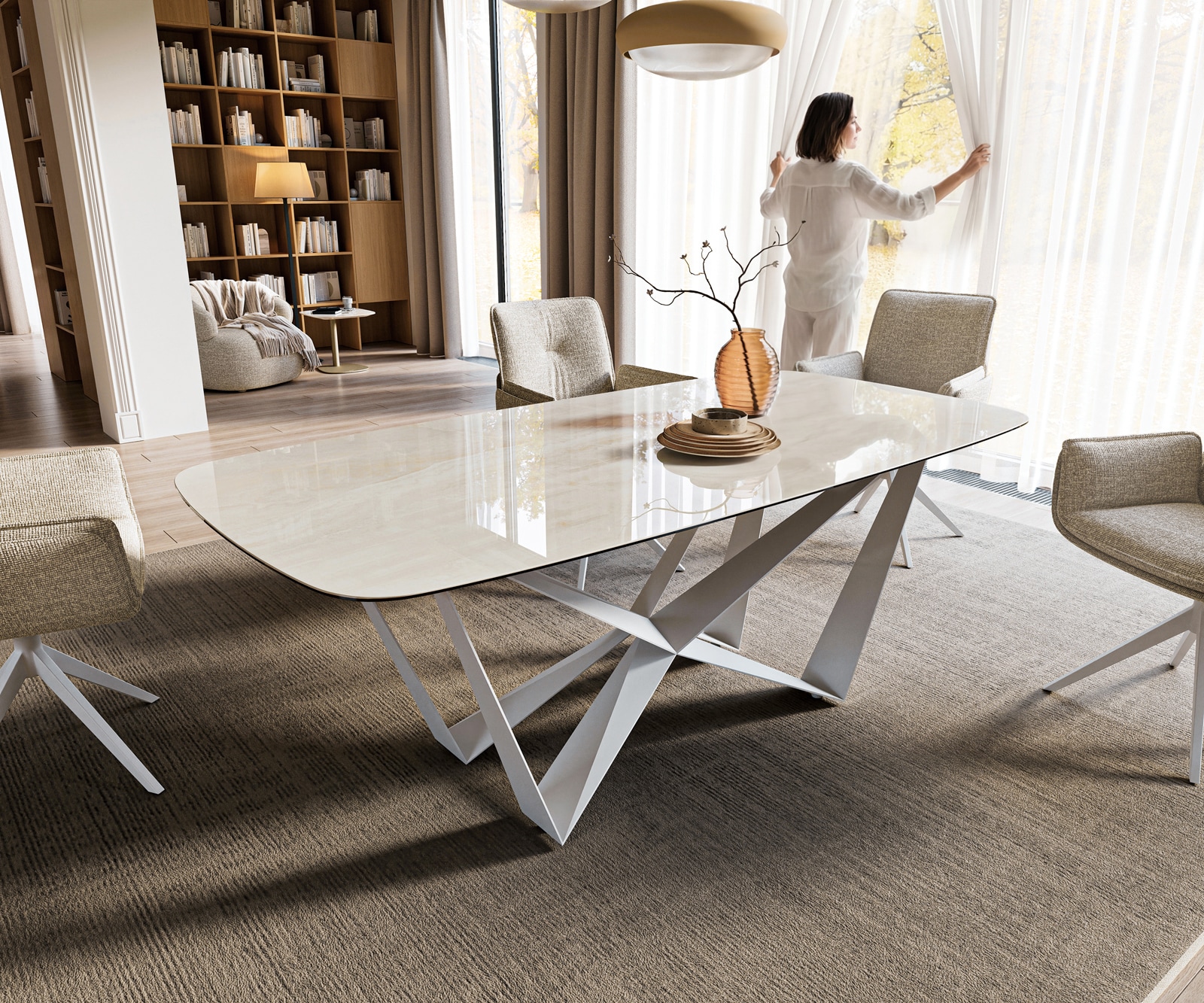 Esstisch Edge Boot 200x100 cm Keramik Onyx Champagne Spider Metall Weiß 1