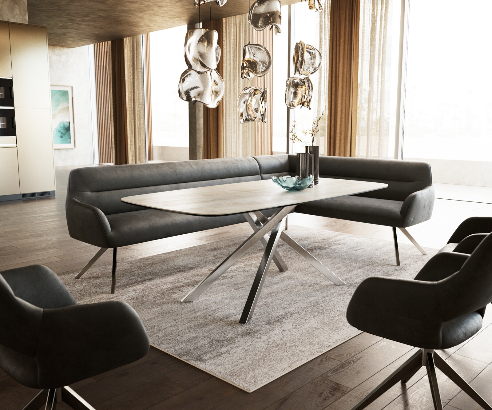 Esszimmerbank Taya-Flex 285x190 cm Mikrofaser Anthrazit Vintage Kreuzgestell kantig Edelstahl Taschenfederkern Links 1