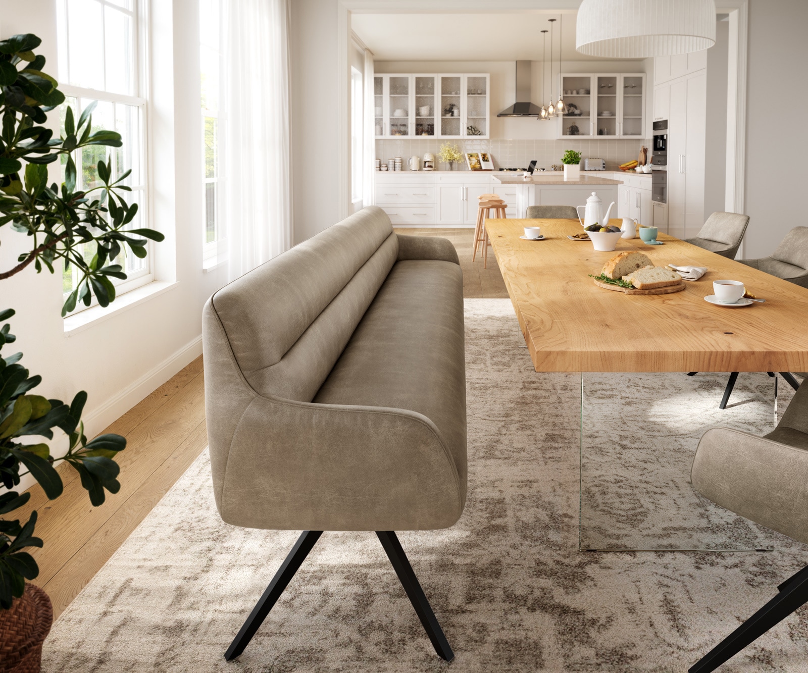 Esszimmerbank Taya-Flex 300 cm Mikrofaser Beige Vintage Kreuzgestell kantig Schwarz Taschenfederkern 1