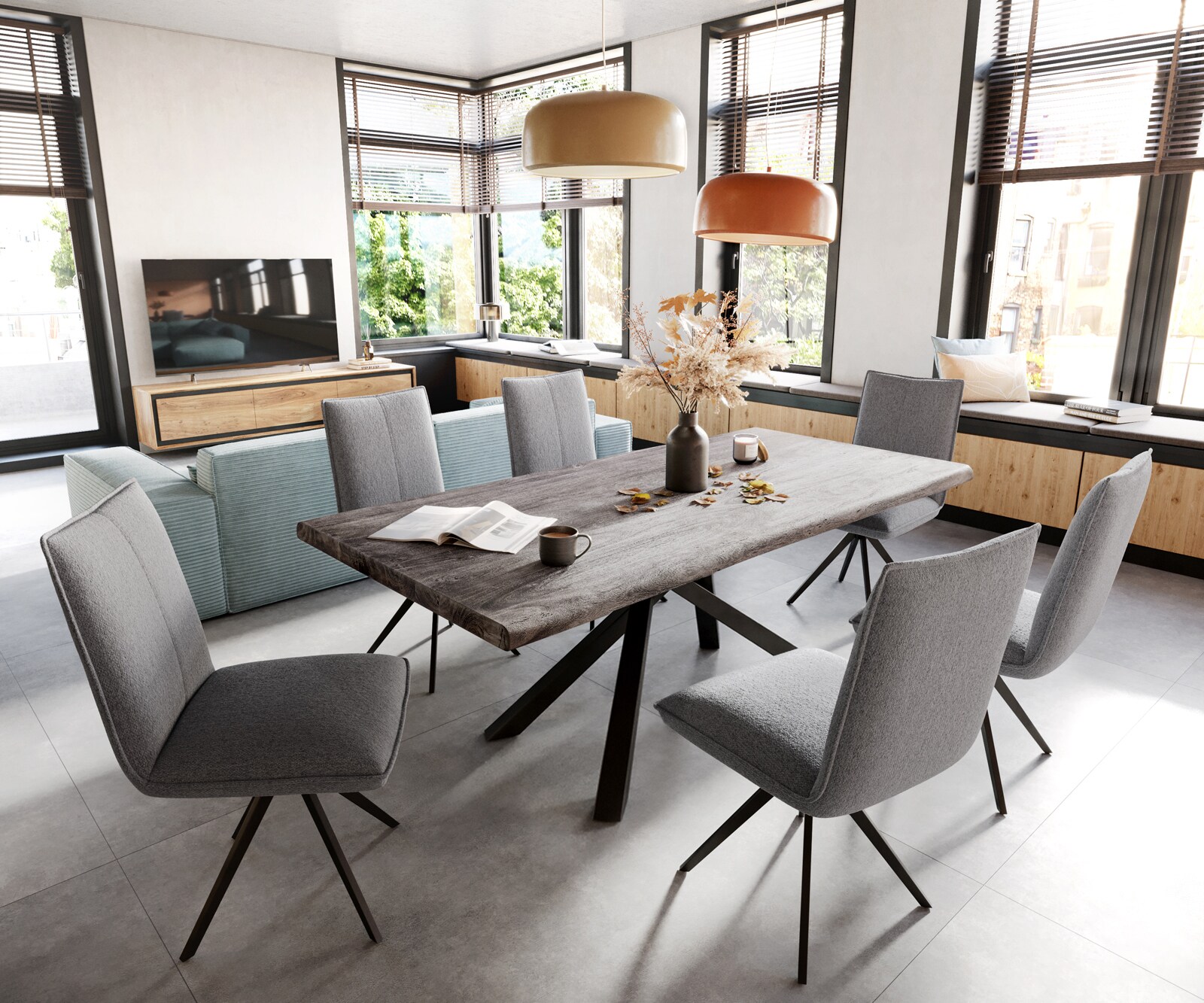 Esstisch Edge 200x100 XL Akazie Platin Kreuzgestell Rechteck Schwarz Live-Edge 5