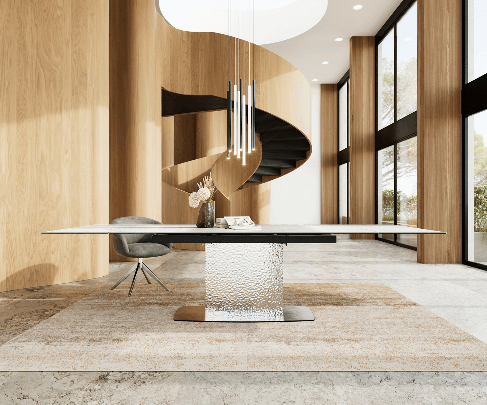 Esstisch Edge 200-300x100 Keramik Laminam®Statuarietto Weiß Wave Edelstahl ausziehbar 1