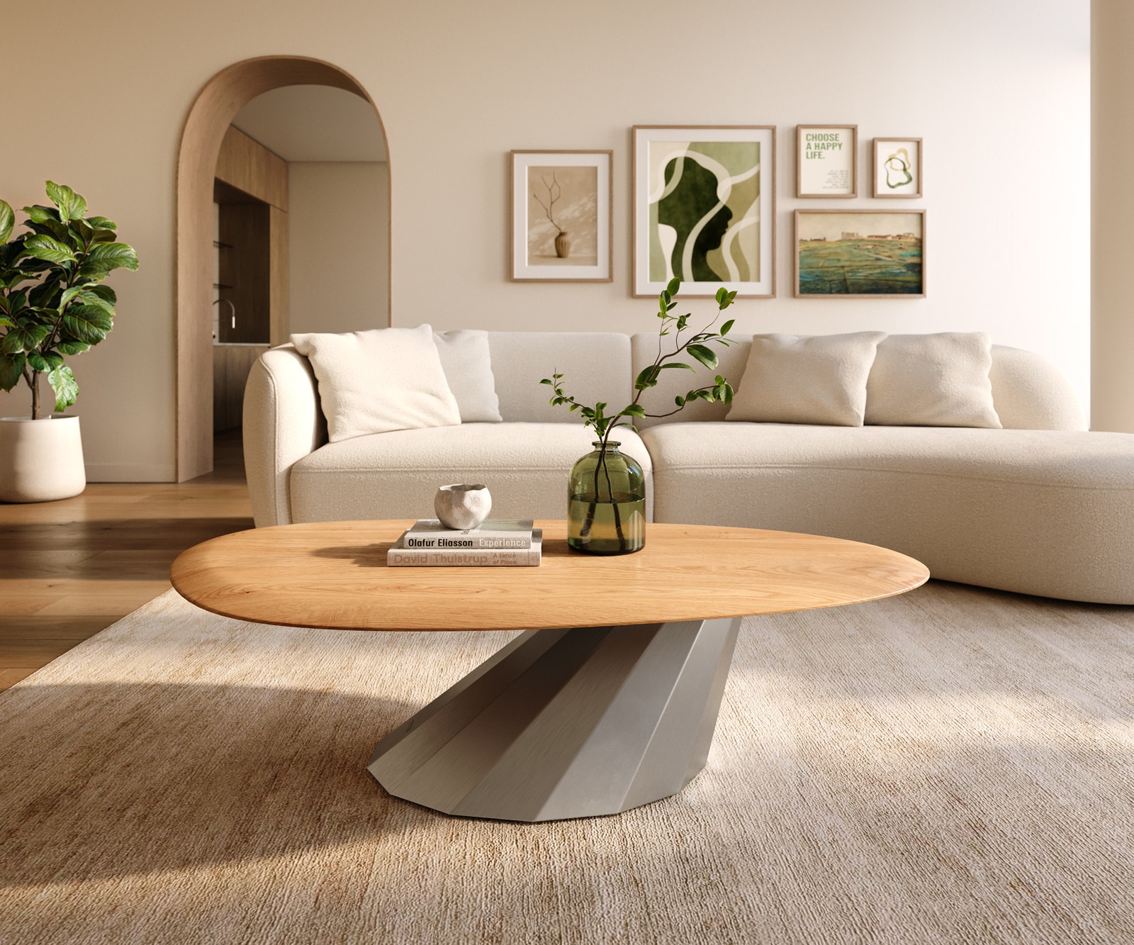 Wohnzimmertisch Edge Oval 140x75 cm Eiche Natur Runde Kante Parabi Edelstahl gebürstet